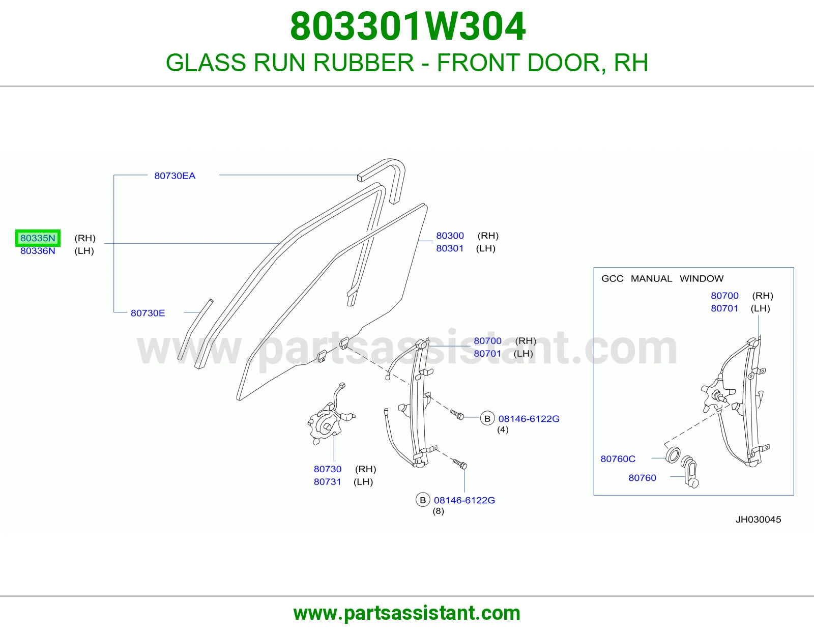 GLASS RUN RUBBER - FRONT DOOR, RH 803301W304