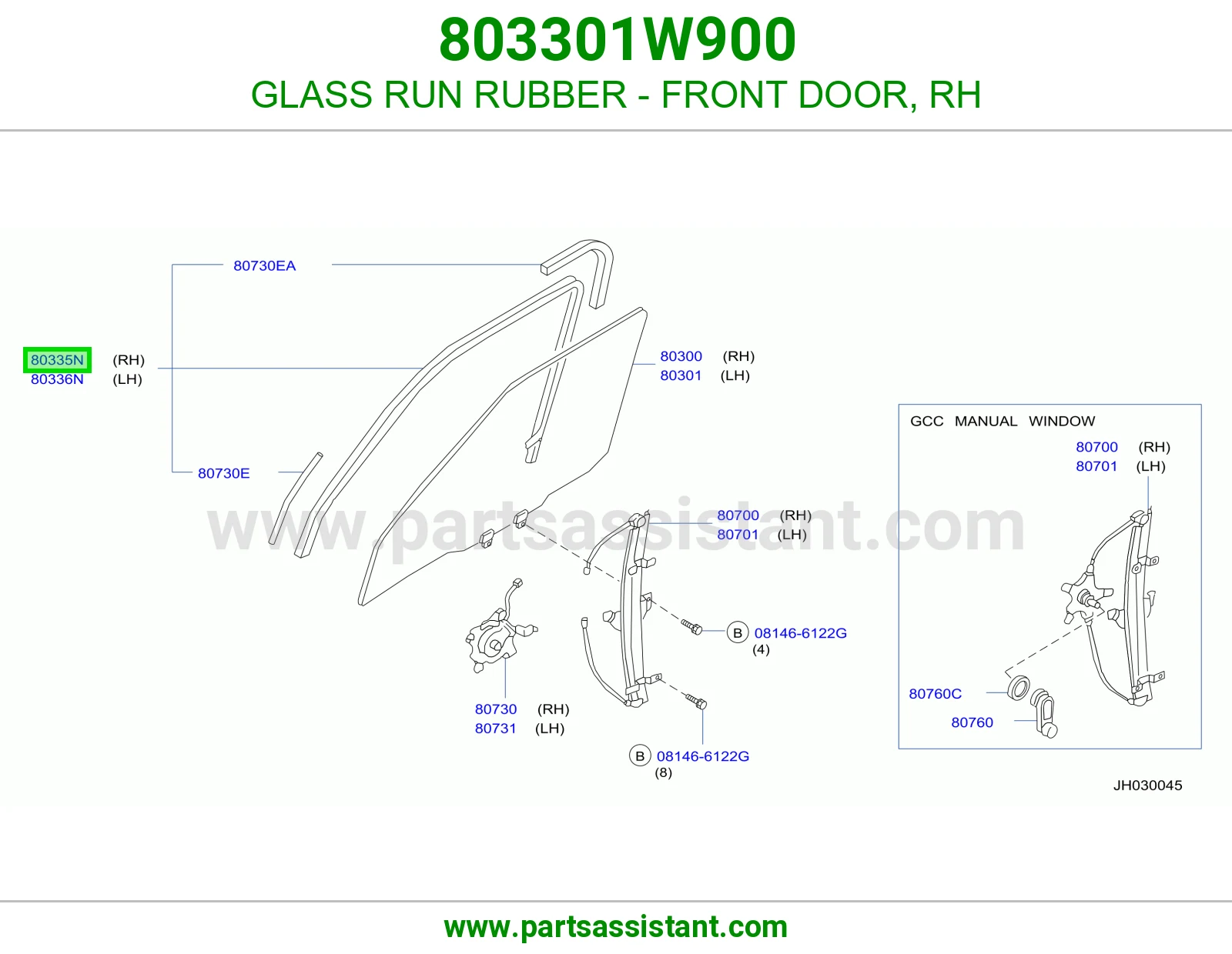 GLASS RUN RUBBER - FRONT DOOR, RH 803301W900