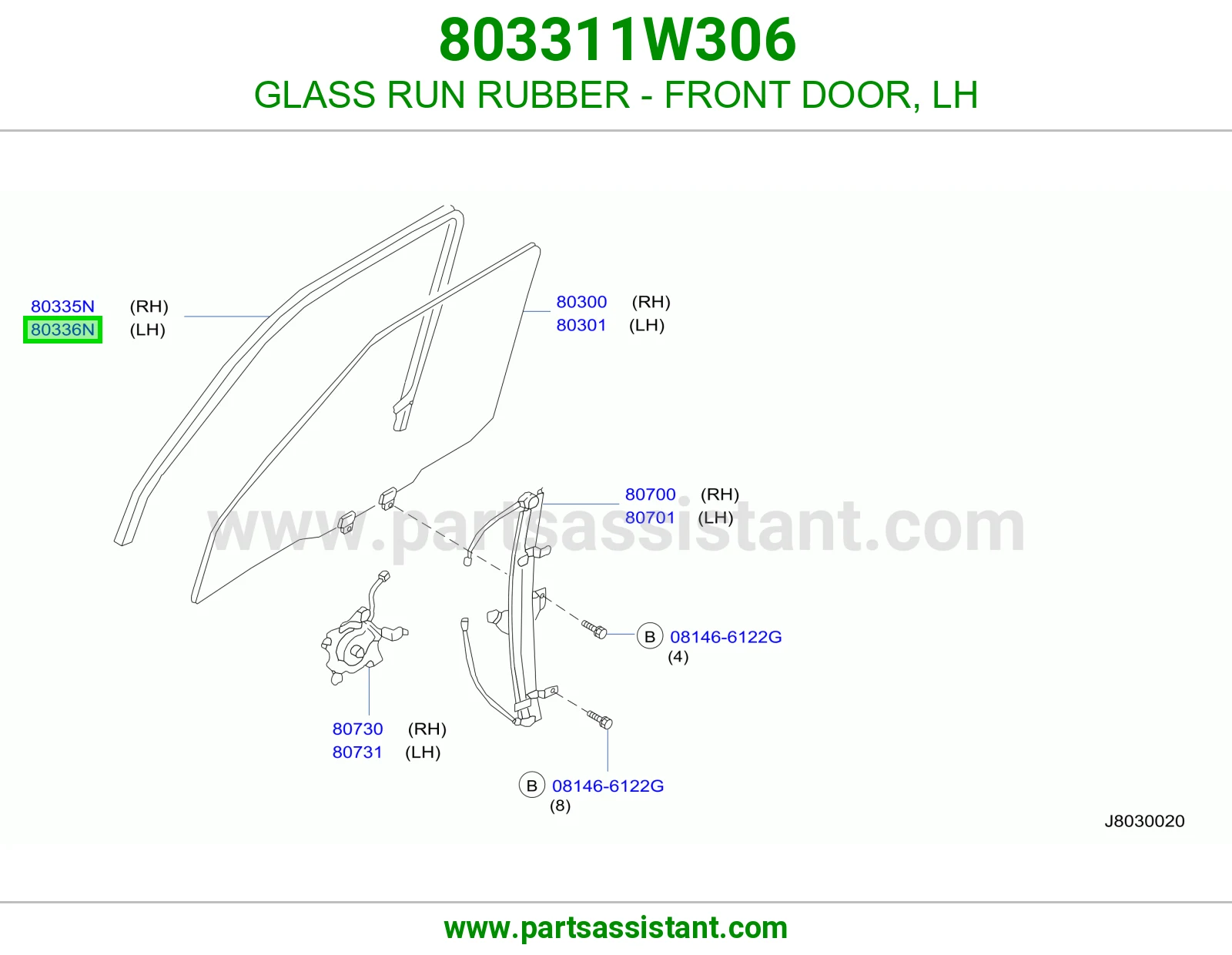 GLASS RUN RUBBER - FRONT DOOR, LH 803311W306