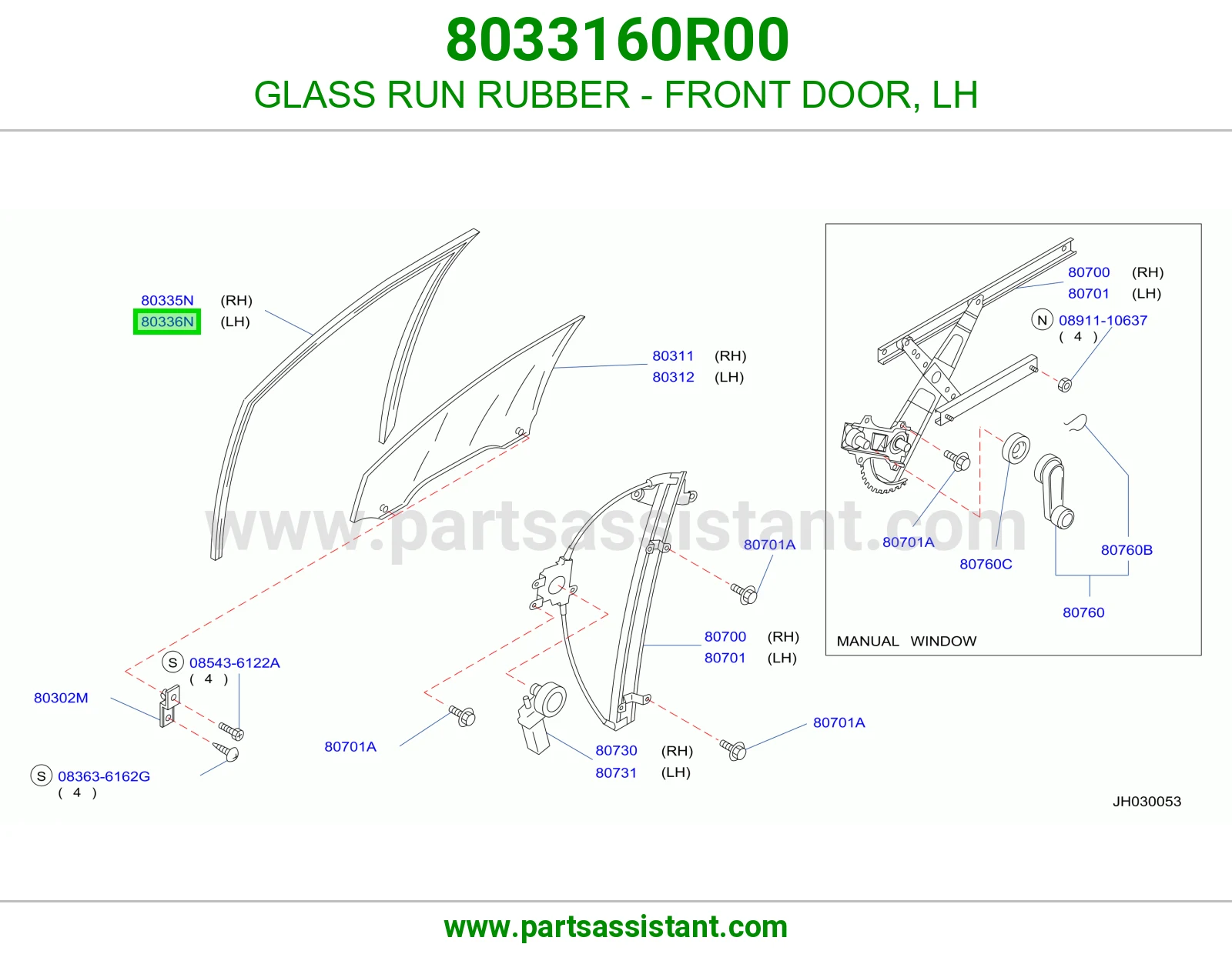 GLASS RUN RUBBER - FRONT DOOR, LH 8033160R00