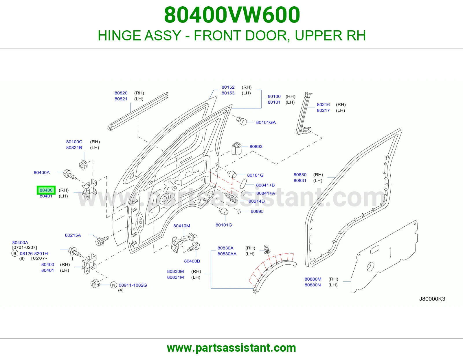 HINGE ASSY - FRONT DOOR, UPPER RH 80400VW600