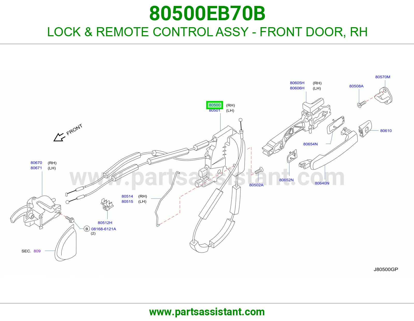 LOCK & REMOTE CONTROL ASSY - FRONT DOOR, RH 80500EB70B