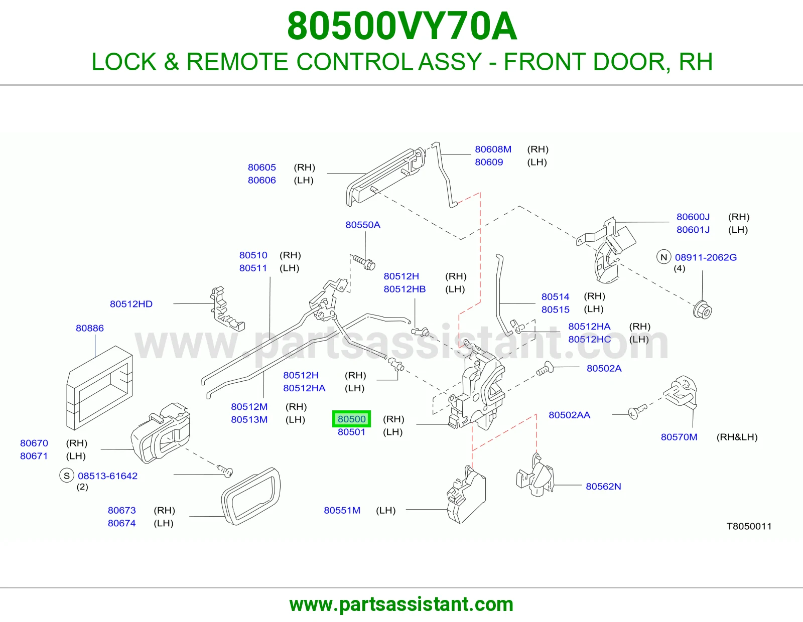 LOCK & REMOTE CONTROL ASSY - FRONT DOOR, RH 80500VY70A