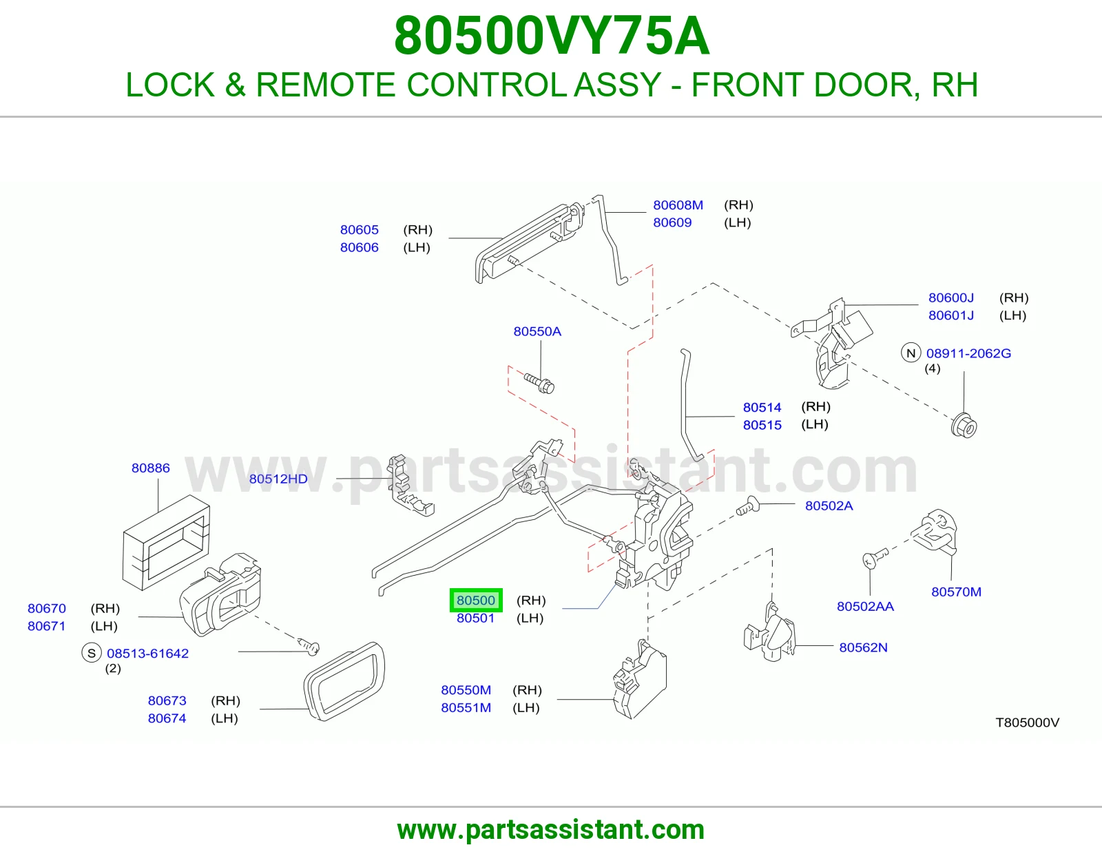 LOCK & REMOTE CONTROL ASSY - FRONT DOOR, RH 80500VY75A