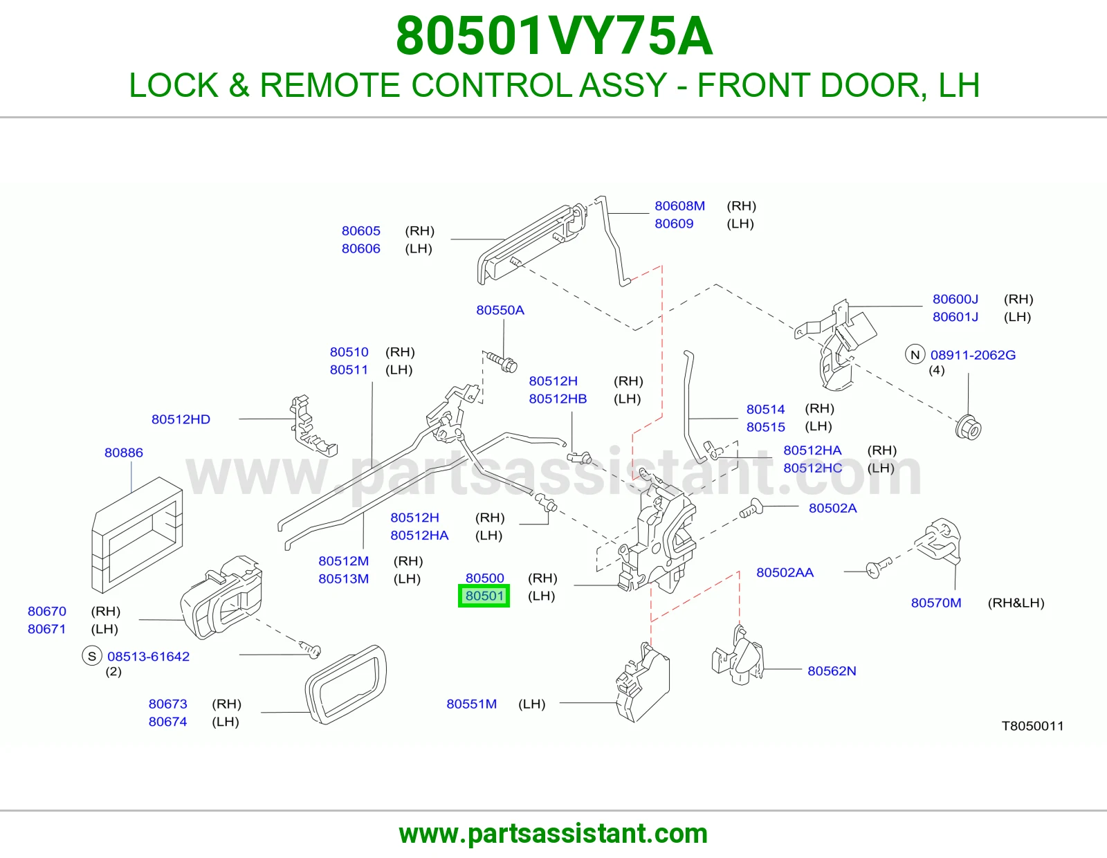 LOCK & REMOTE CONTROL ASSY - FRONT DOOR, LH 80501VY75A