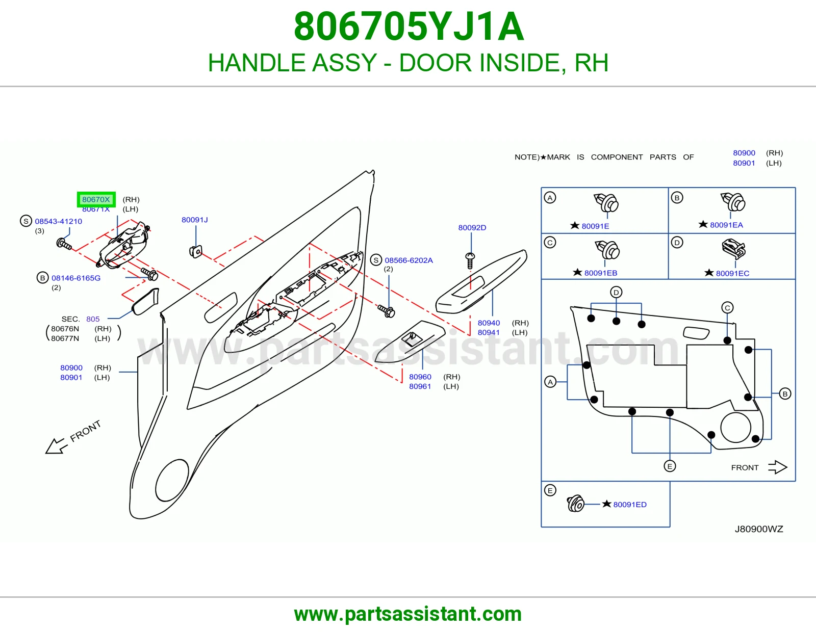 HANDLE ASSY - DOOR INSIDE, RH 806705YJ1A
