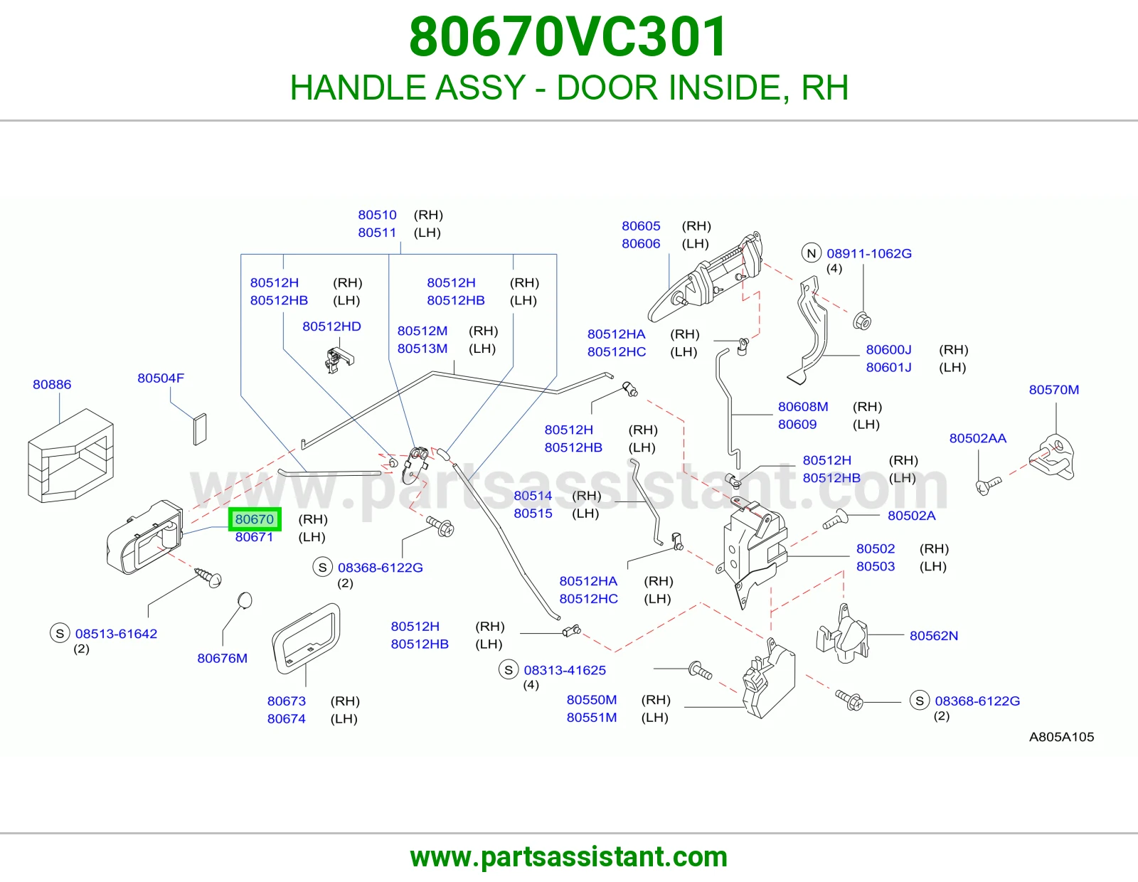 HANDLE ASSY - DOOR INSIDE, RH 80670VC301