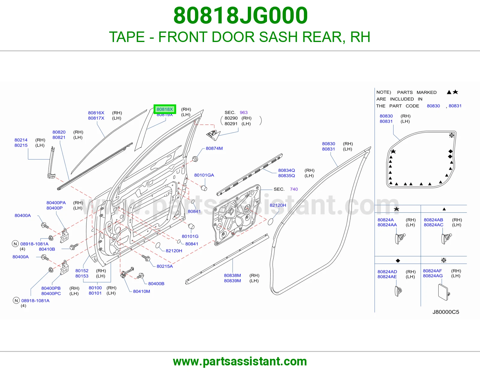 TAPE - FRONT DOOR SASH REAR, RH 80818JG000