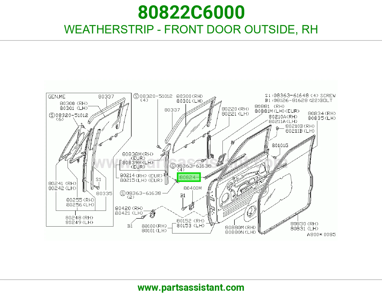 WEATHERSTRIP - FRONT DOOR OUTSIDE, RH 80822C6000