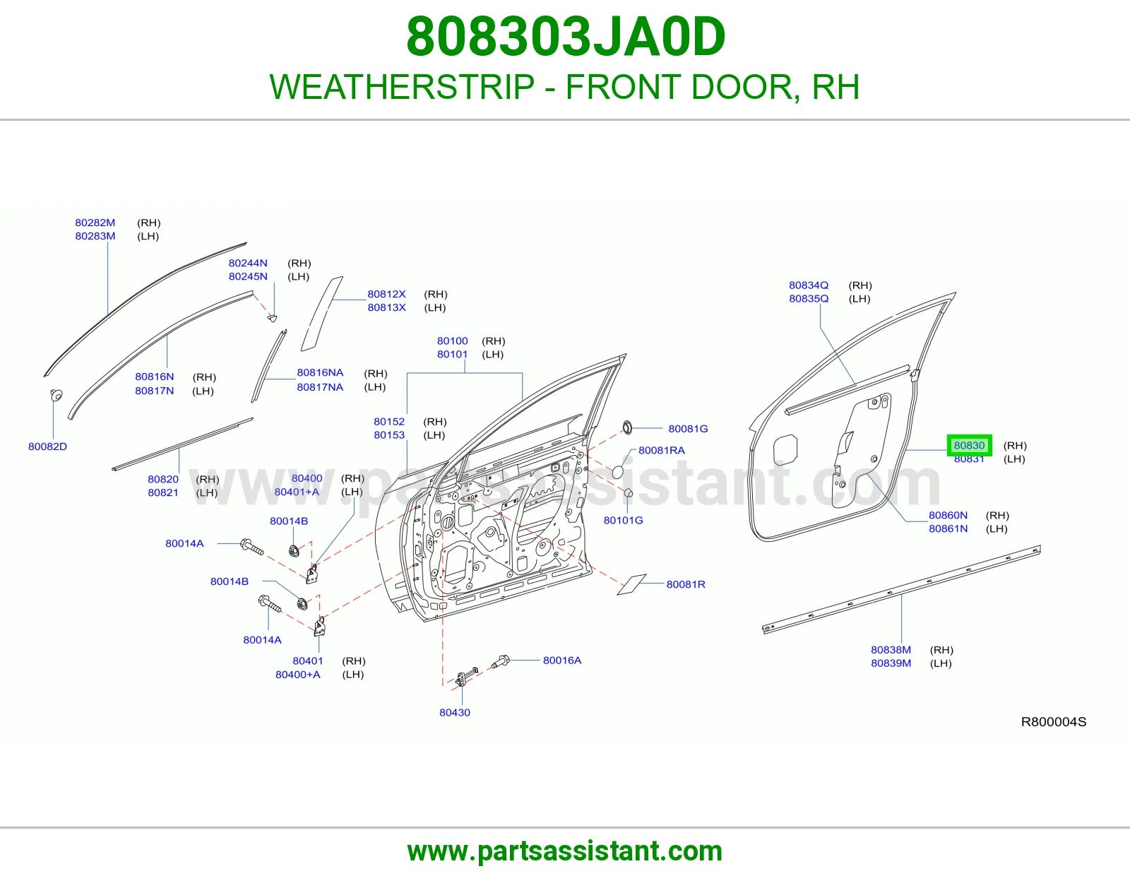 WEATHERSTRIP - FRONT DOOR, RH 808303JA0D