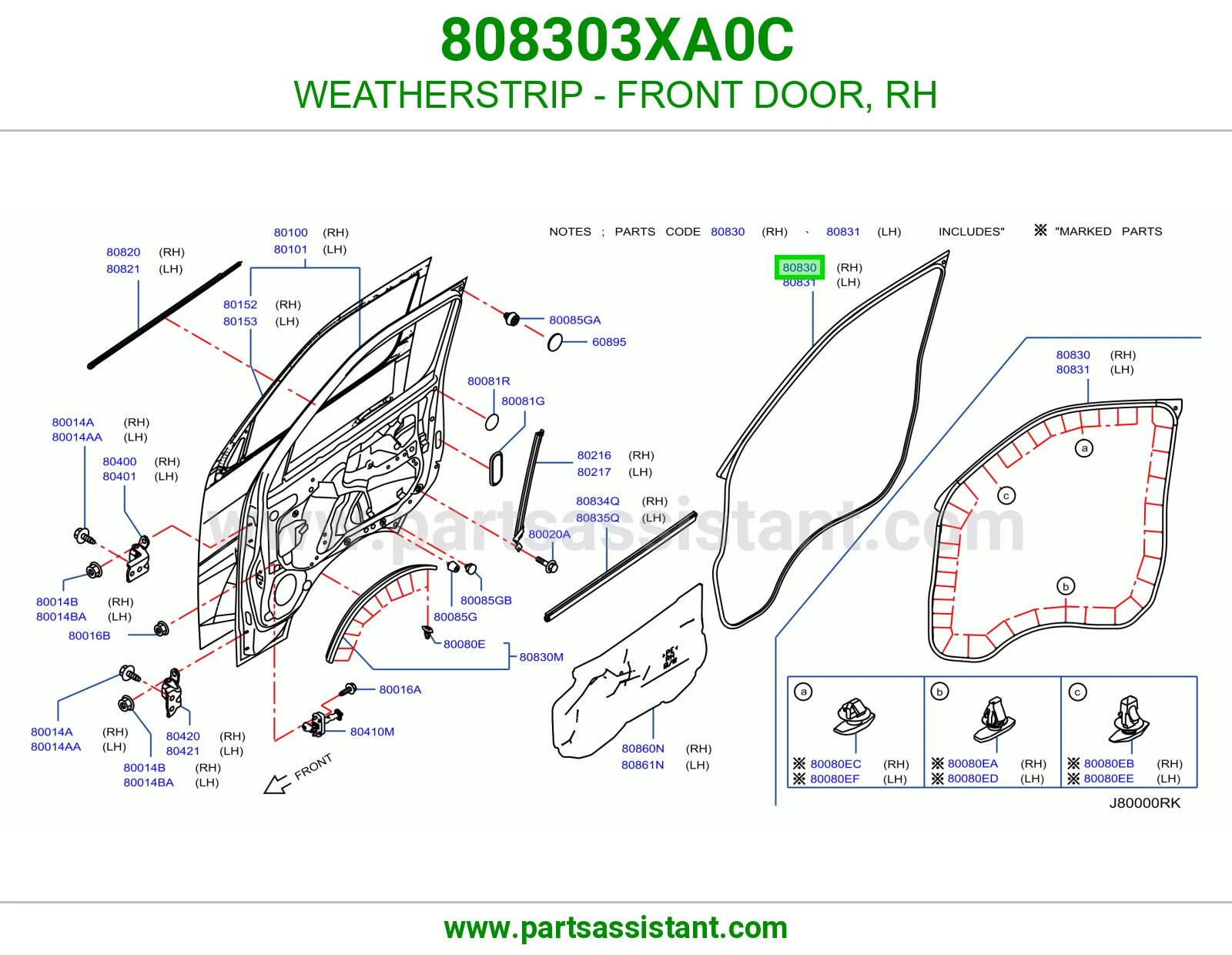 WEATHERSTRIP - FRONT DOOR, RH 808303XA0C