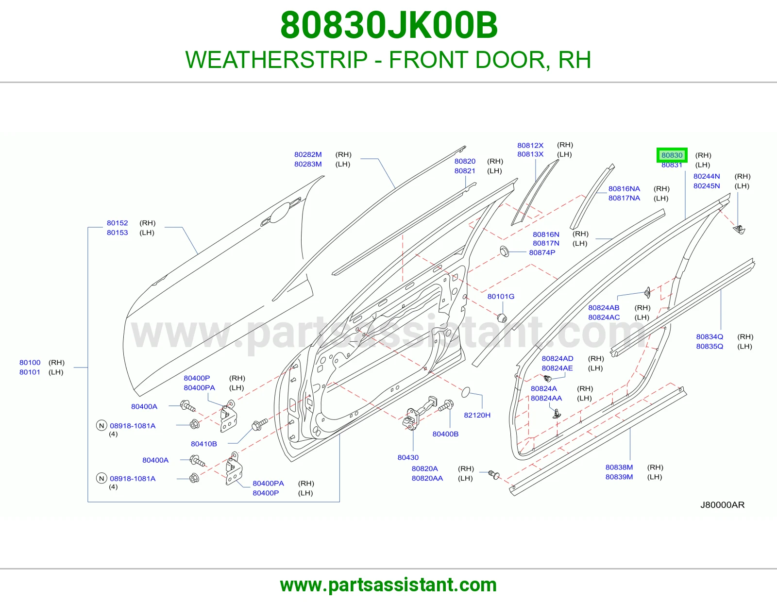 WEATHERSTRIP - FRONT DOOR, RH 80830JK00B
