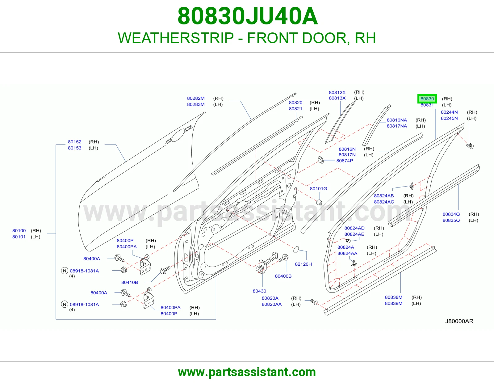 WEATHERSTRIP - FRONT DOOR, RH 80830JU40A
