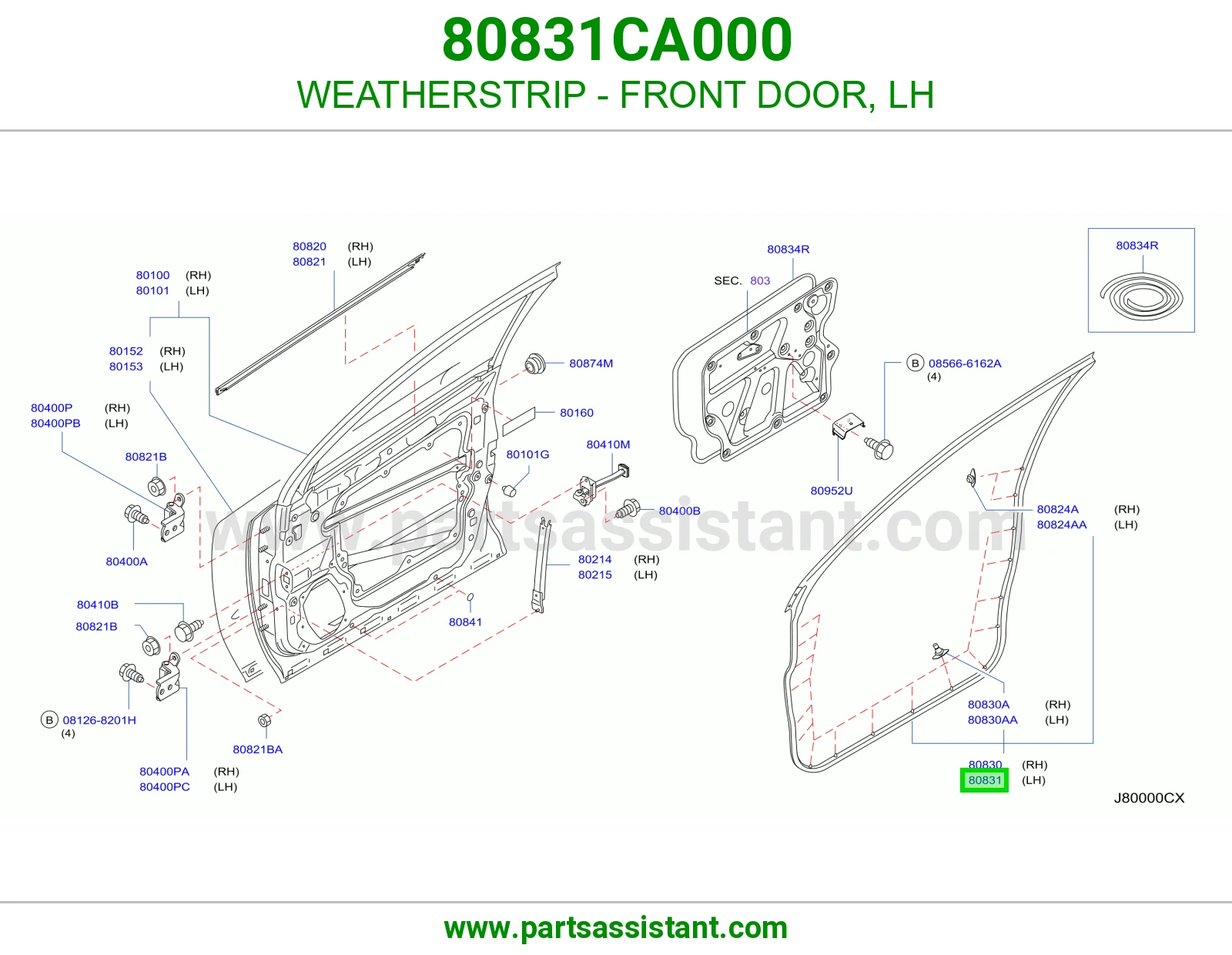 WEATHERSTRIP - FRONT DOOR, LH 80831CA000