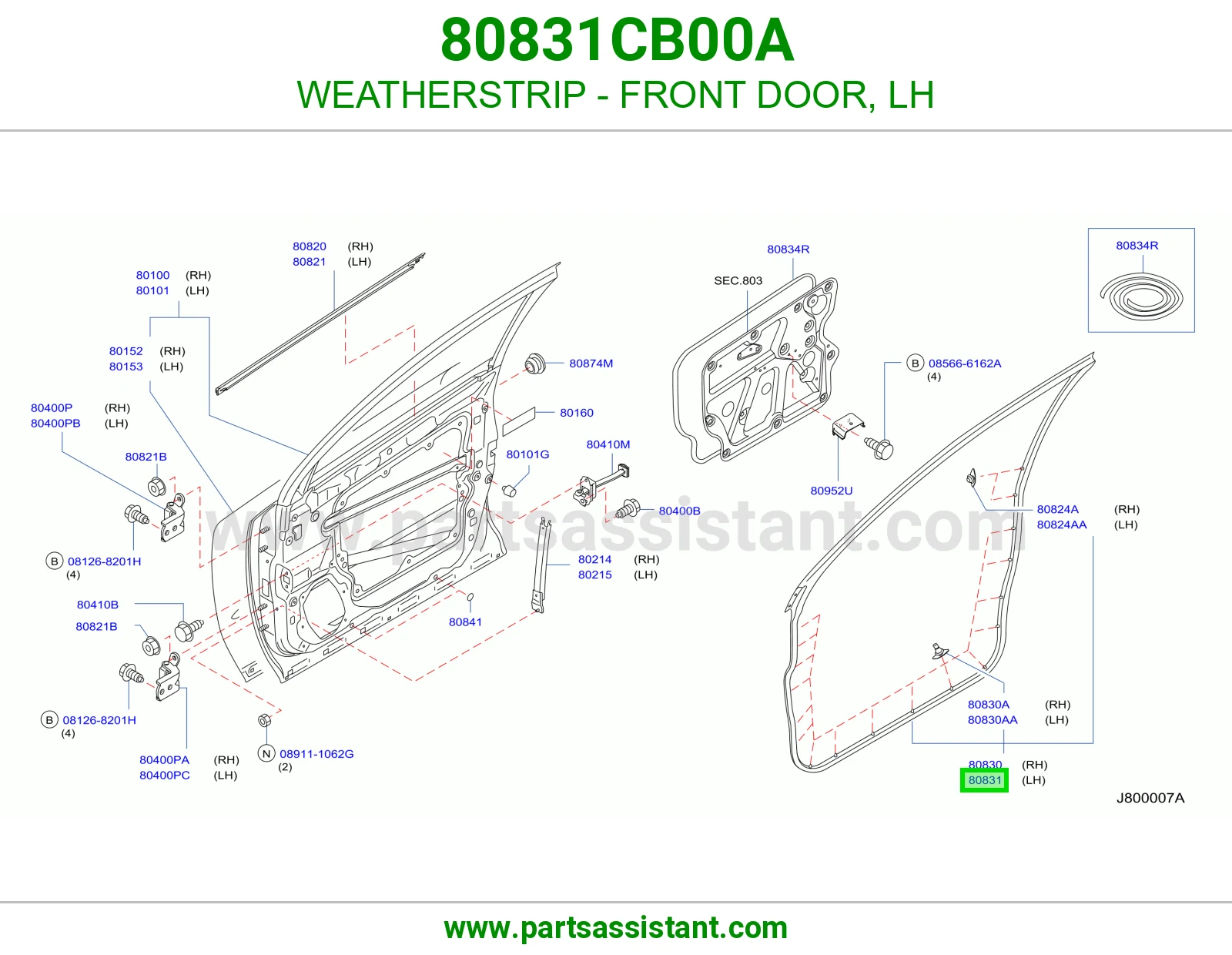 WEATHERSTRIP - FRONT DOOR, LH 80831CB00A