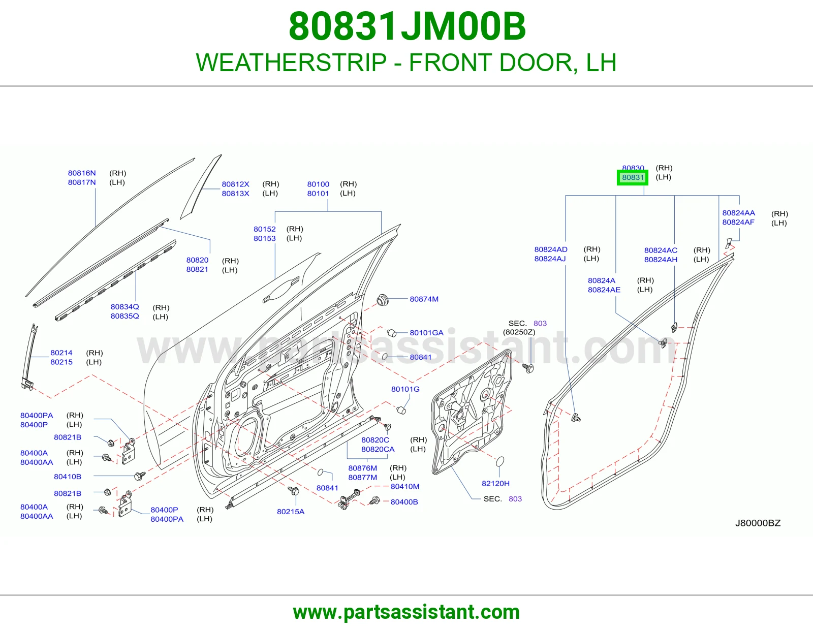 WEATHERSTRIP - FRONT DOOR, LH 80831JM00B