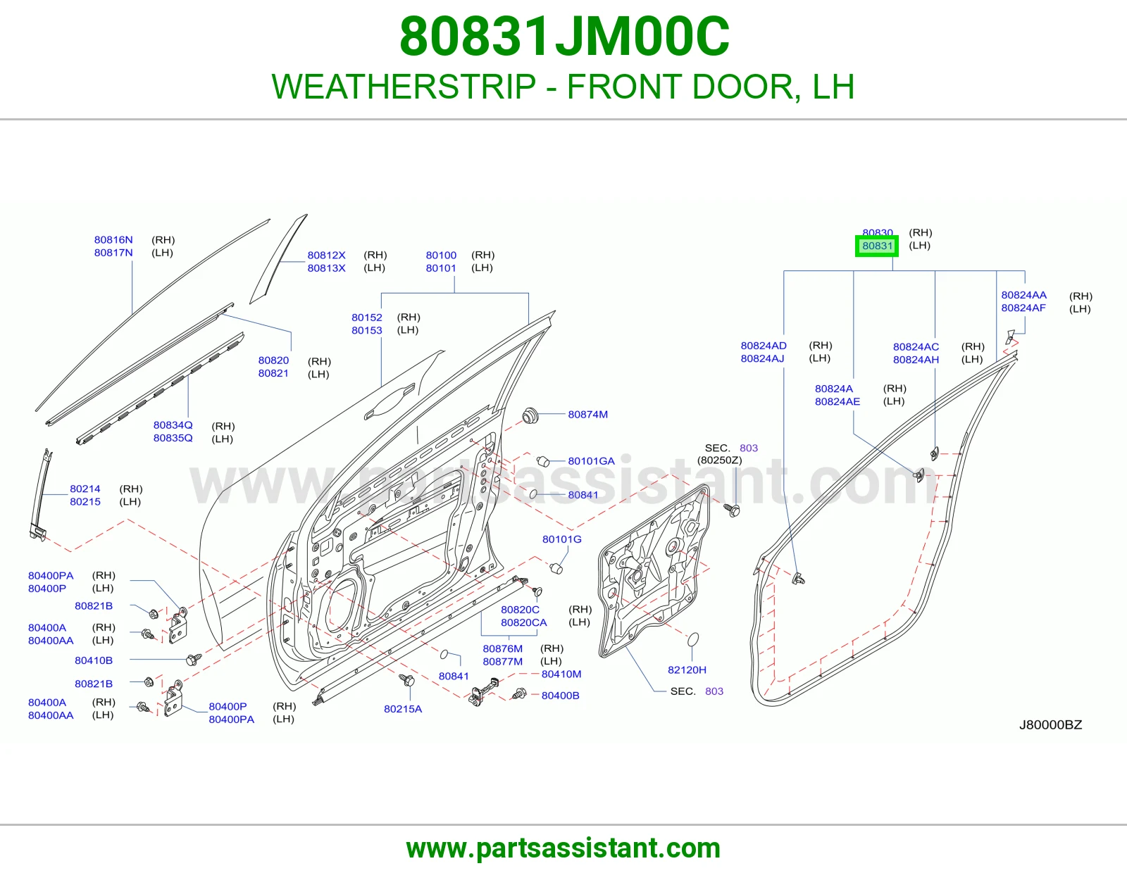 WEATHERSTRIP - FRONT DOOR, LH 80831JM00C