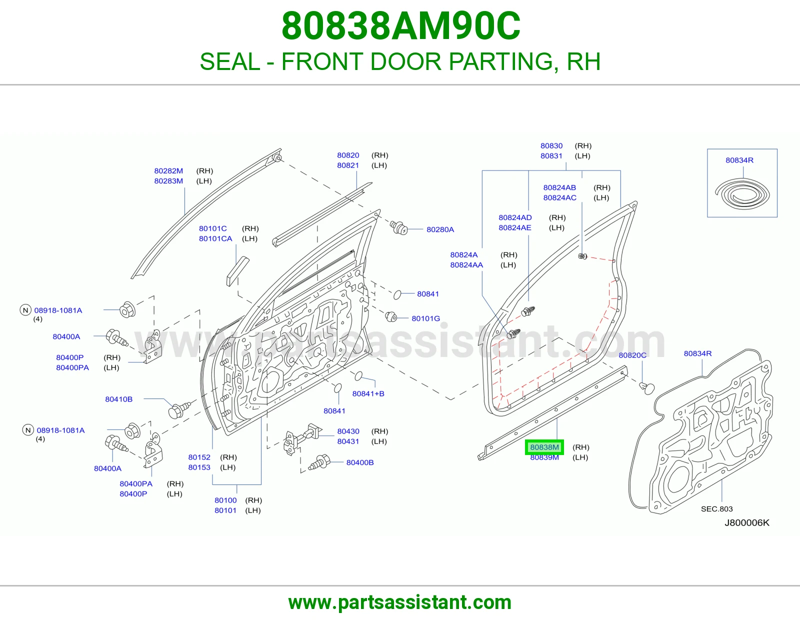 SEAL - FRONT DOOR PARTING, RH 80838AM90C