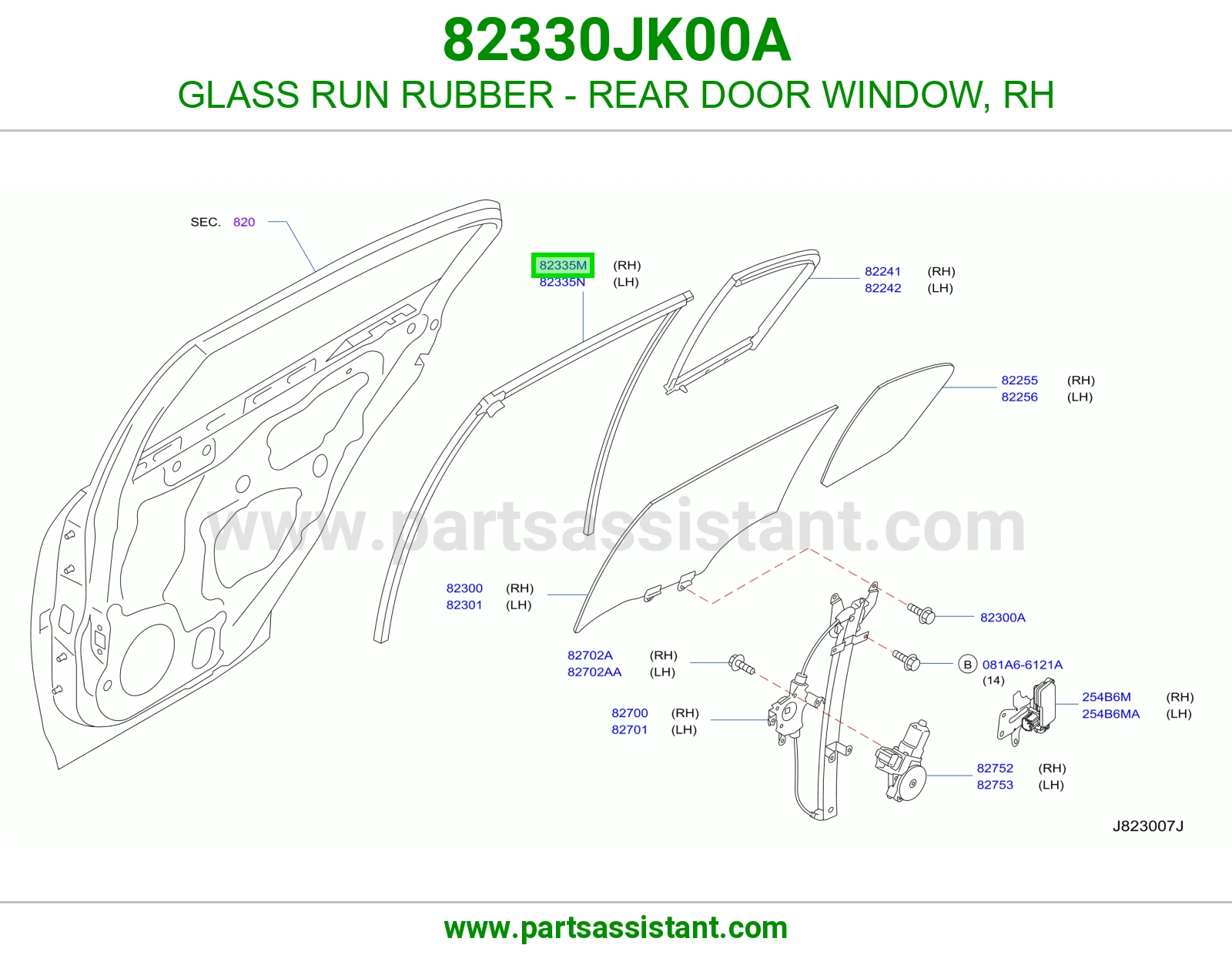 GLASS RUN RUBBER - REAR DOOR WINDOW, RH 82330JK00A