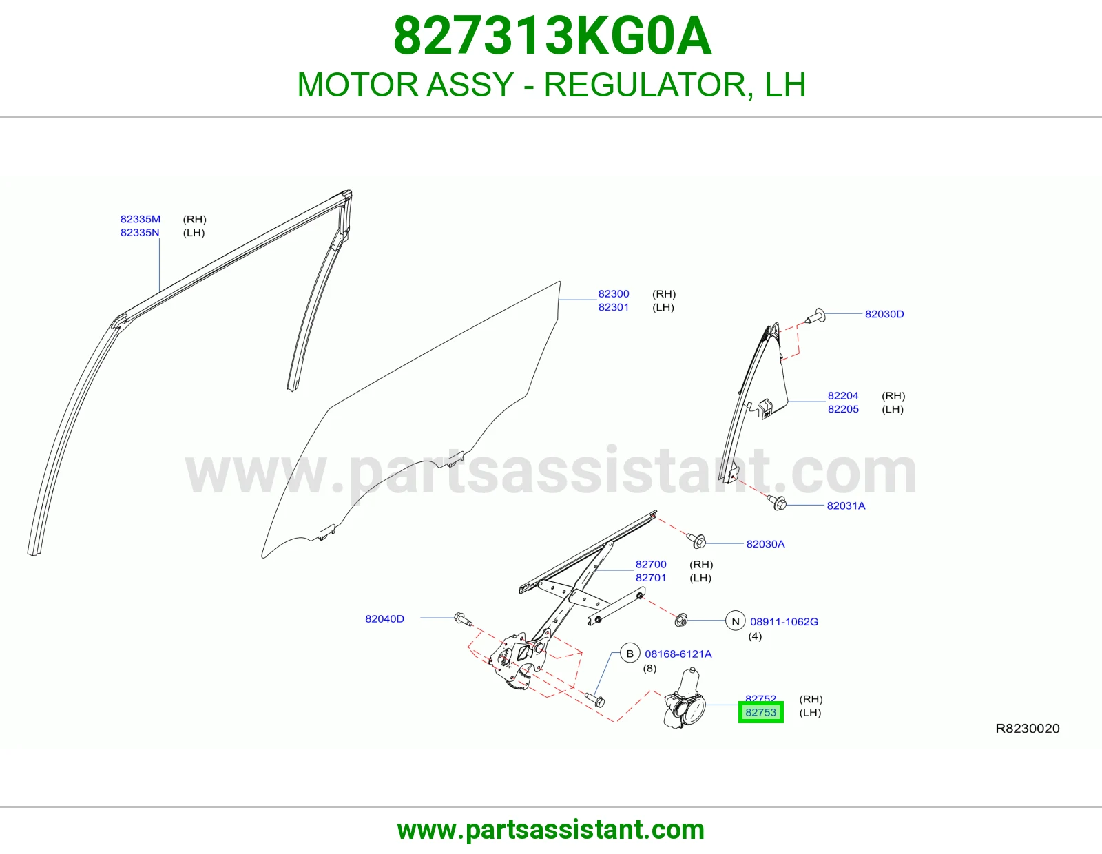 MOTOR ASSY - REGULATOR, LH 827313KG0A