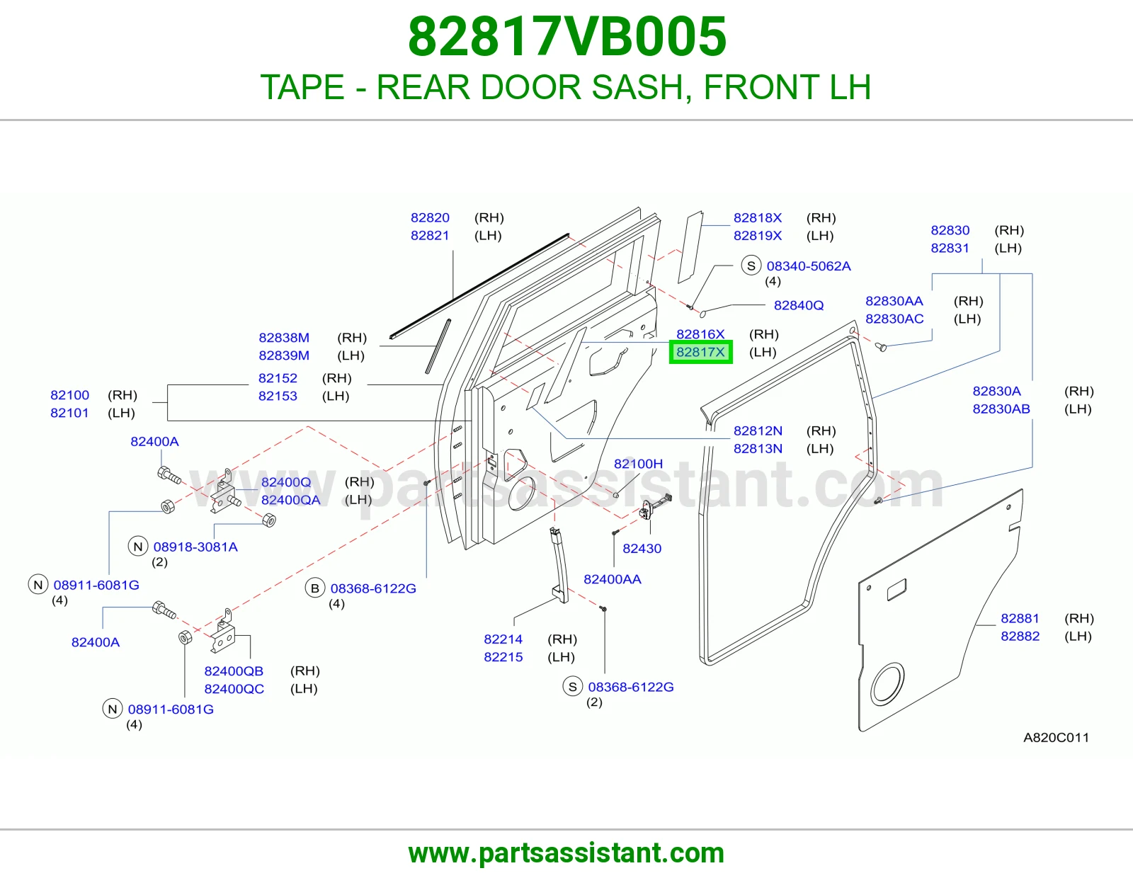 TAPE - REAR DOOR SASH, FRONT LH 82817VB005