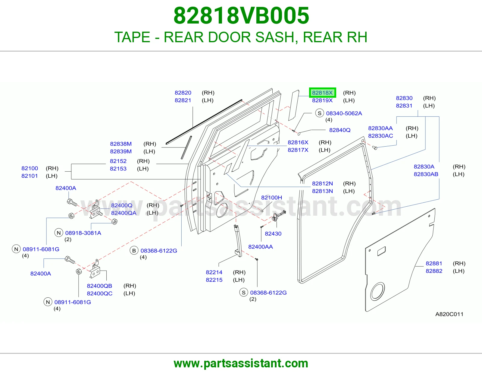 TAPE - REAR DOOR SASH, REAR RH 82818VB005