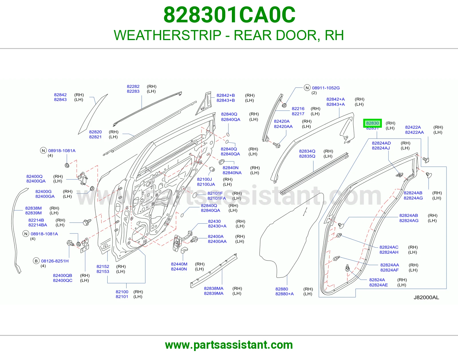 WEATHERSTRIP - REAR DOOR, RH 828301CA0C