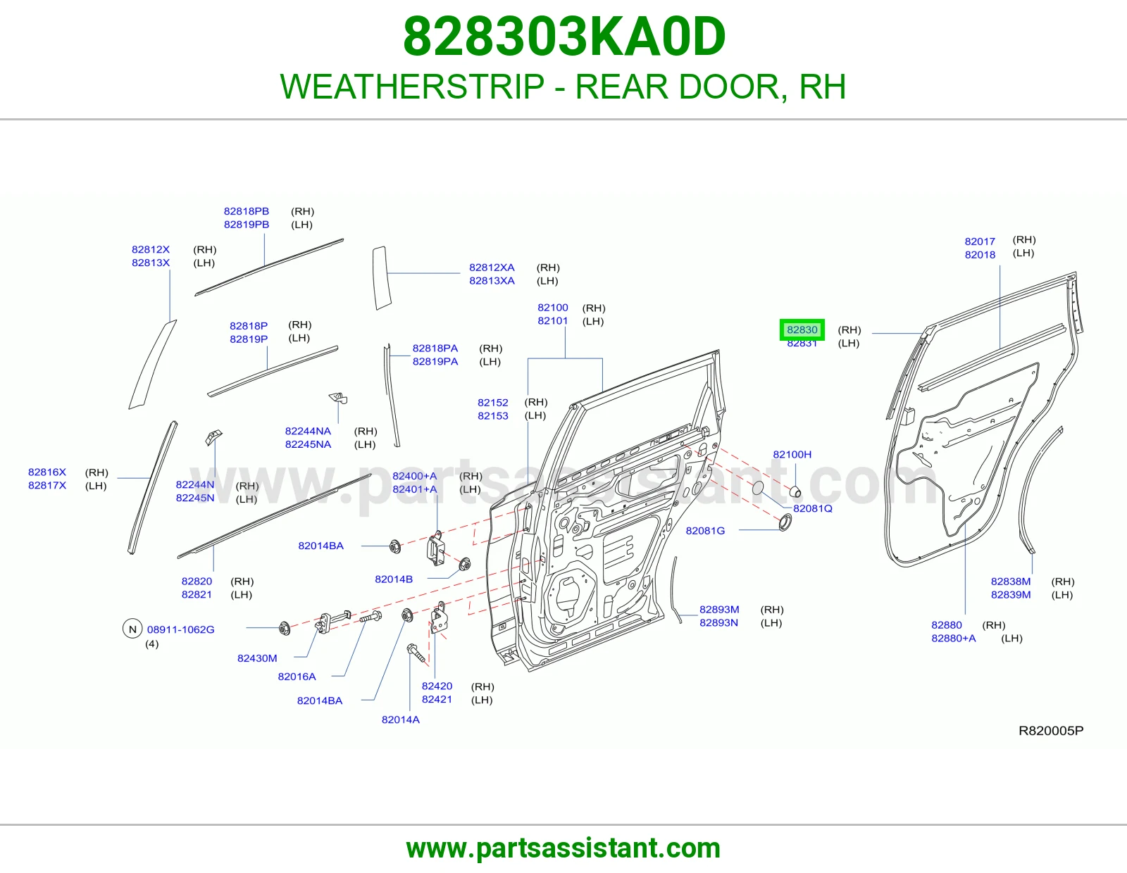WEATHERSTRIP - REAR DOOR, RH 828303KA0D