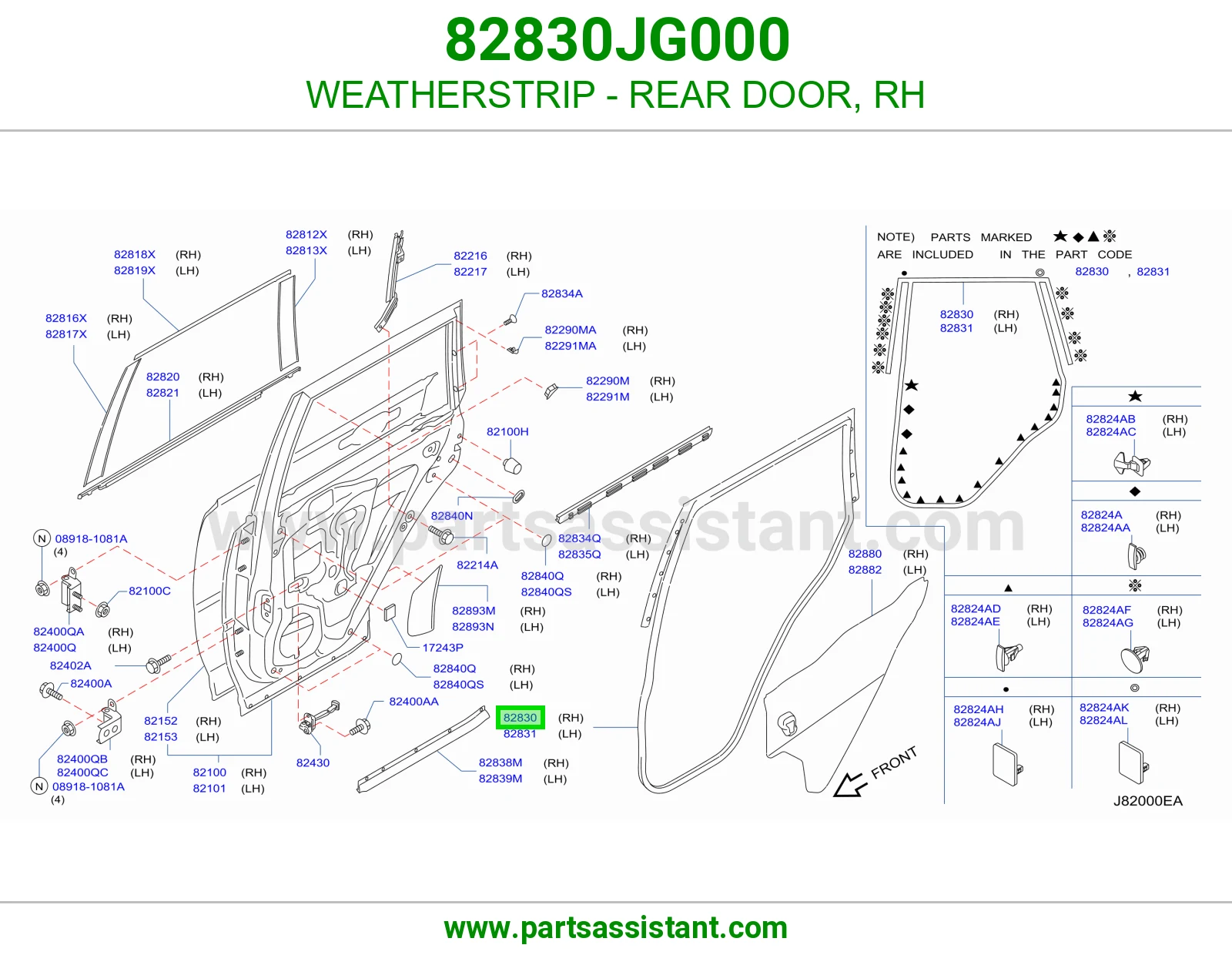WEATHERSTRIP - REAR DOOR, RH 82830JG000