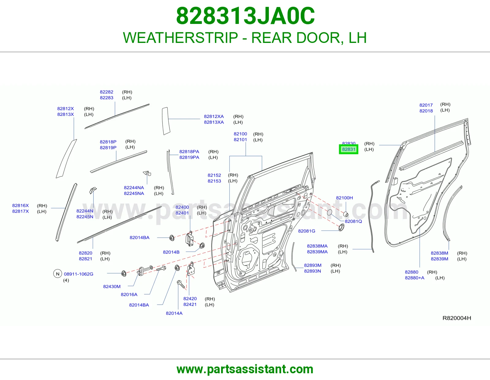 WEATHERSTRIP - REAR DOOR, LH 828313JA0C