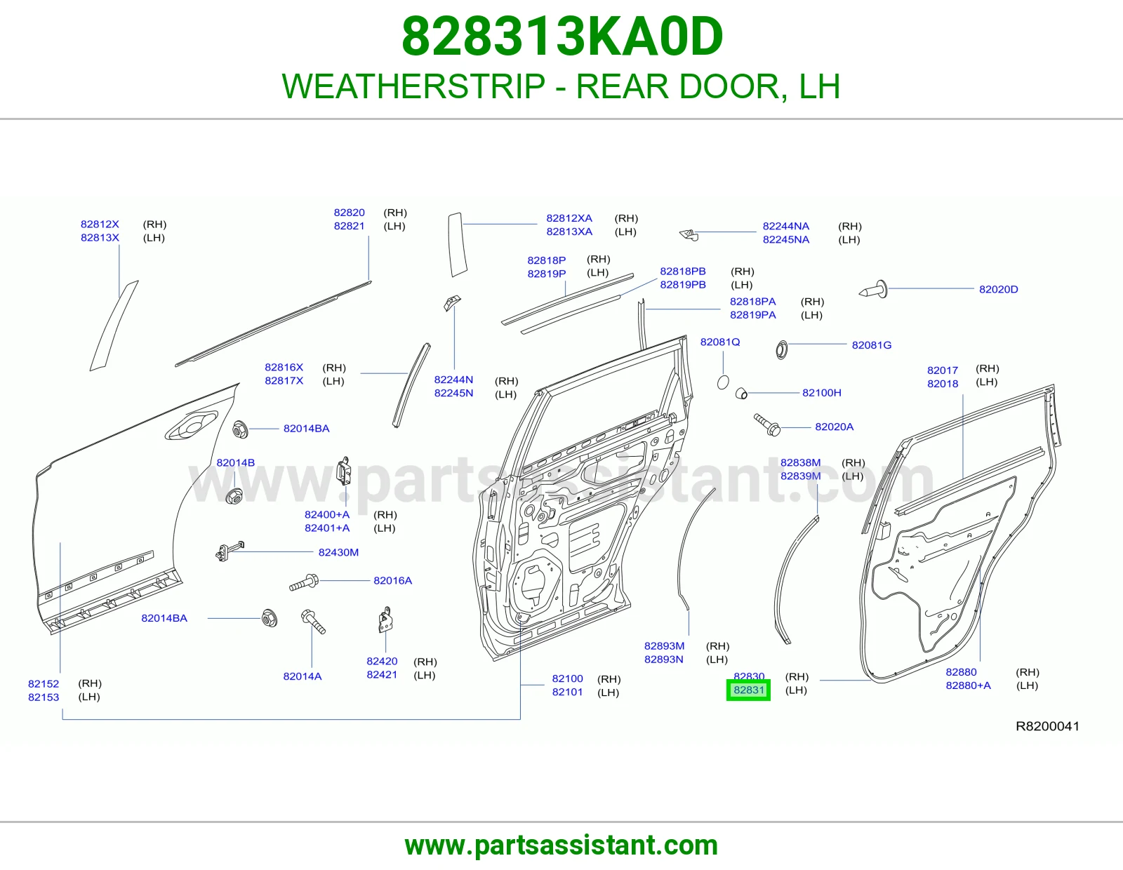 WEATHERSTRIP - REAR DOOR, LH 828313KA0D