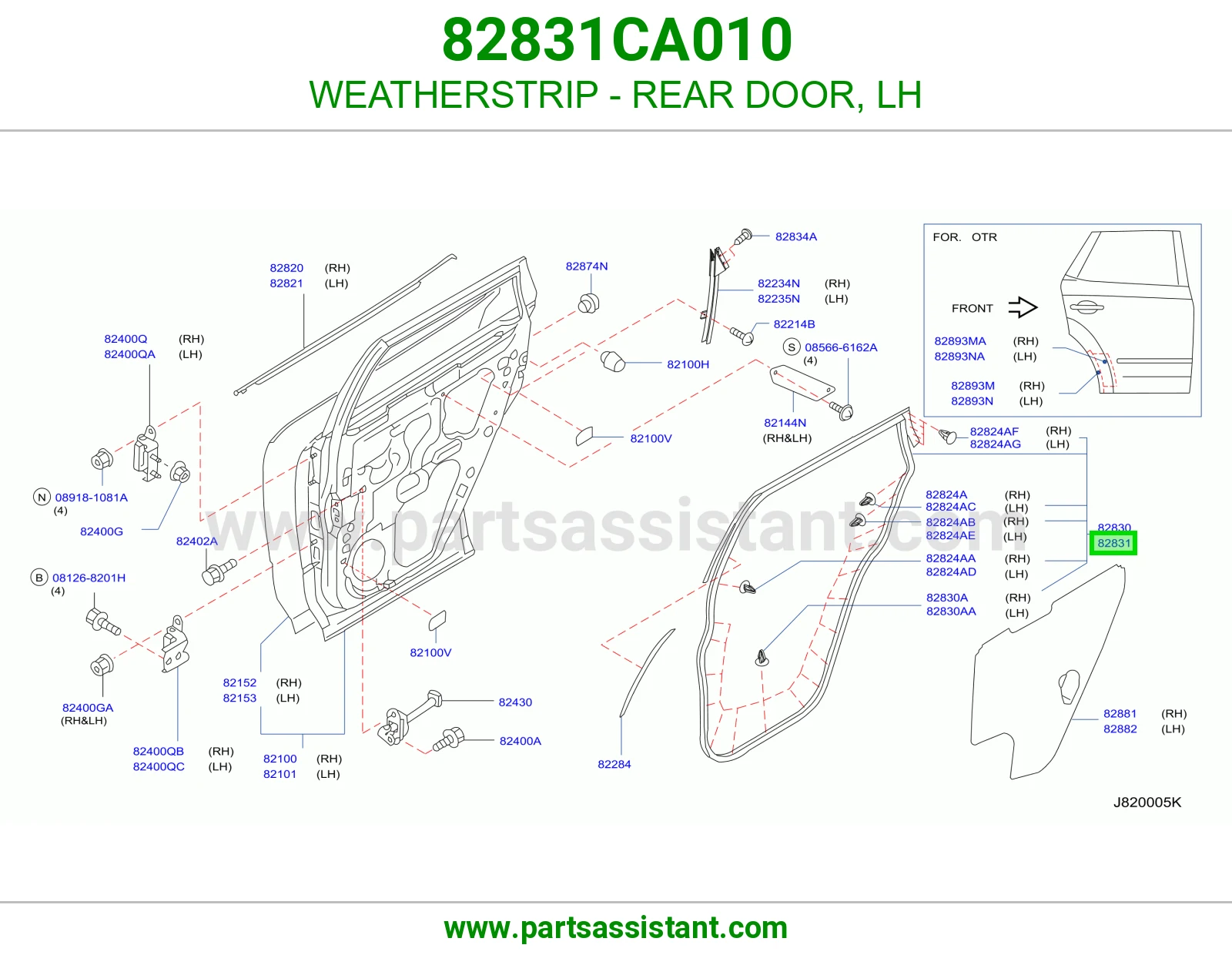 WEATHERSTRIP - REAR DOOR, LH 82831CA010