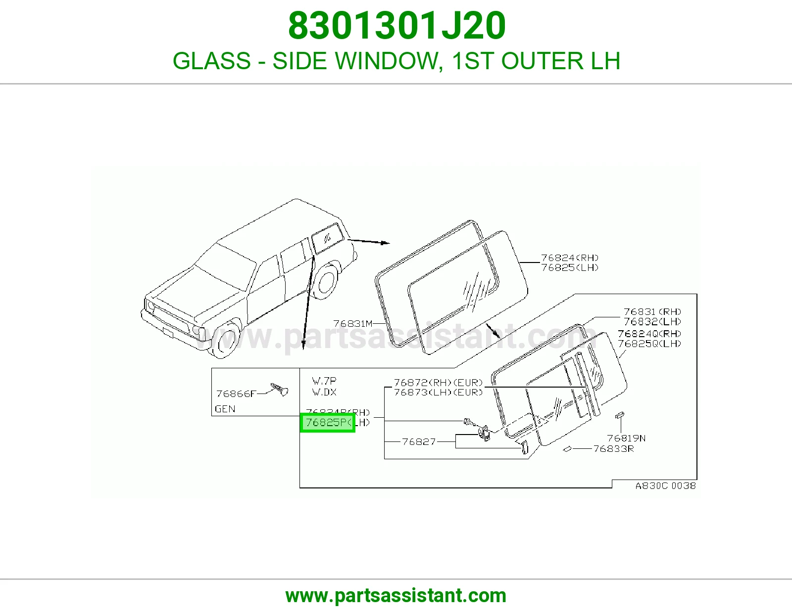 GLASS - SIDE WINDOW, 1ST OUTER LH 8301301J20
