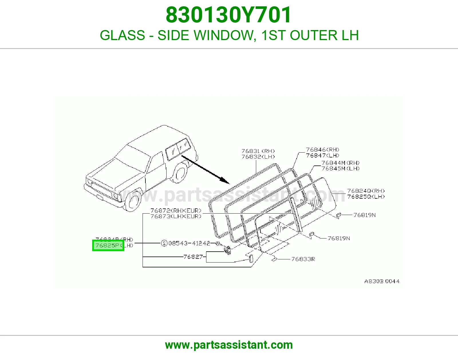 GLASS - SIDE WINDOW, 1ST OUTER LH 830130Y701