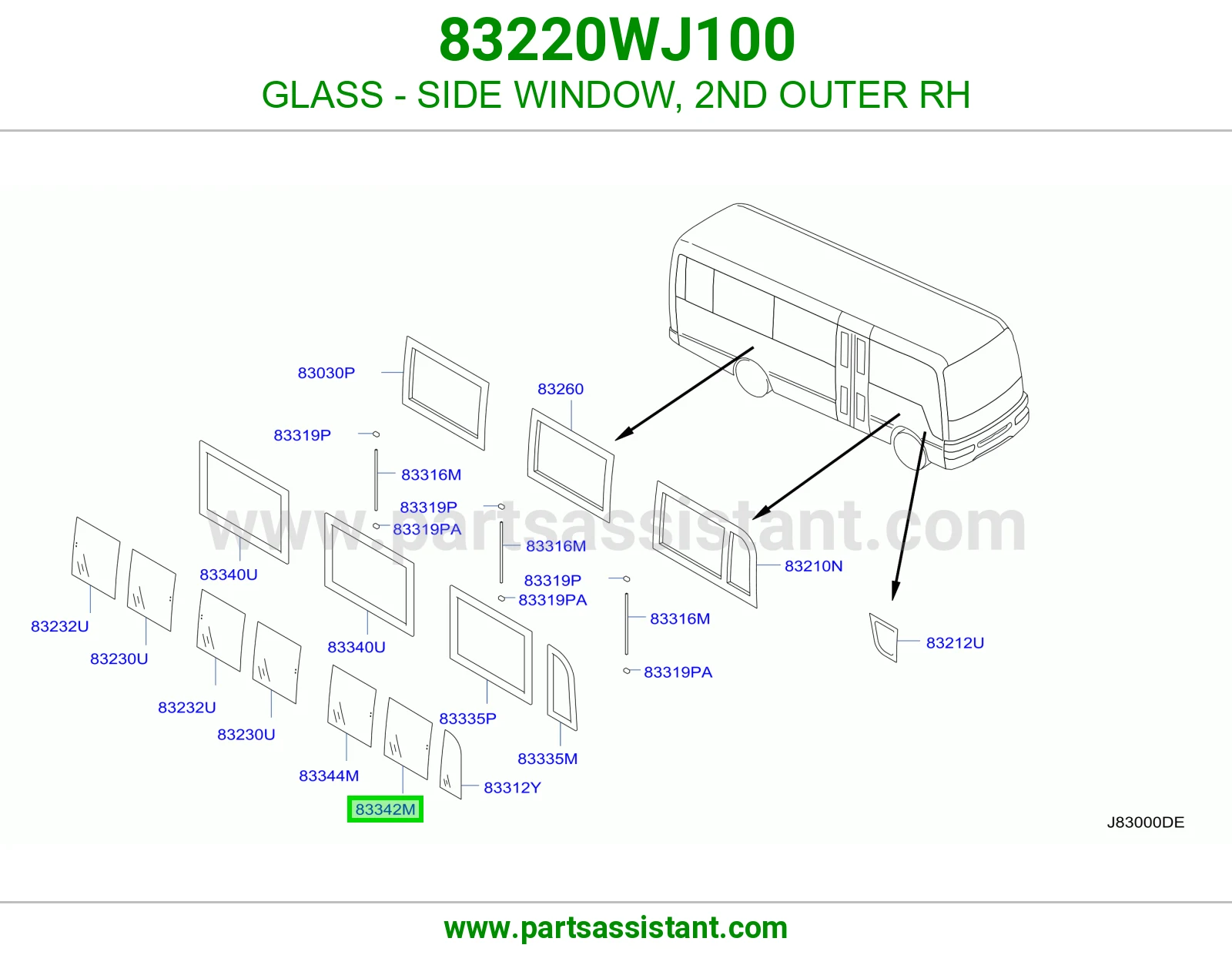GLASS - SIDE WINDOW, 2ND OUTER RH 83220WJ100
