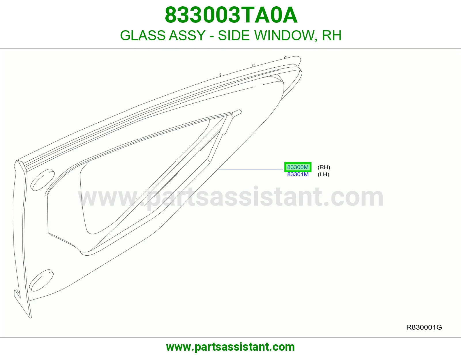 GLASS ASSY - SIDE WINDOW, RH 833003TA0A