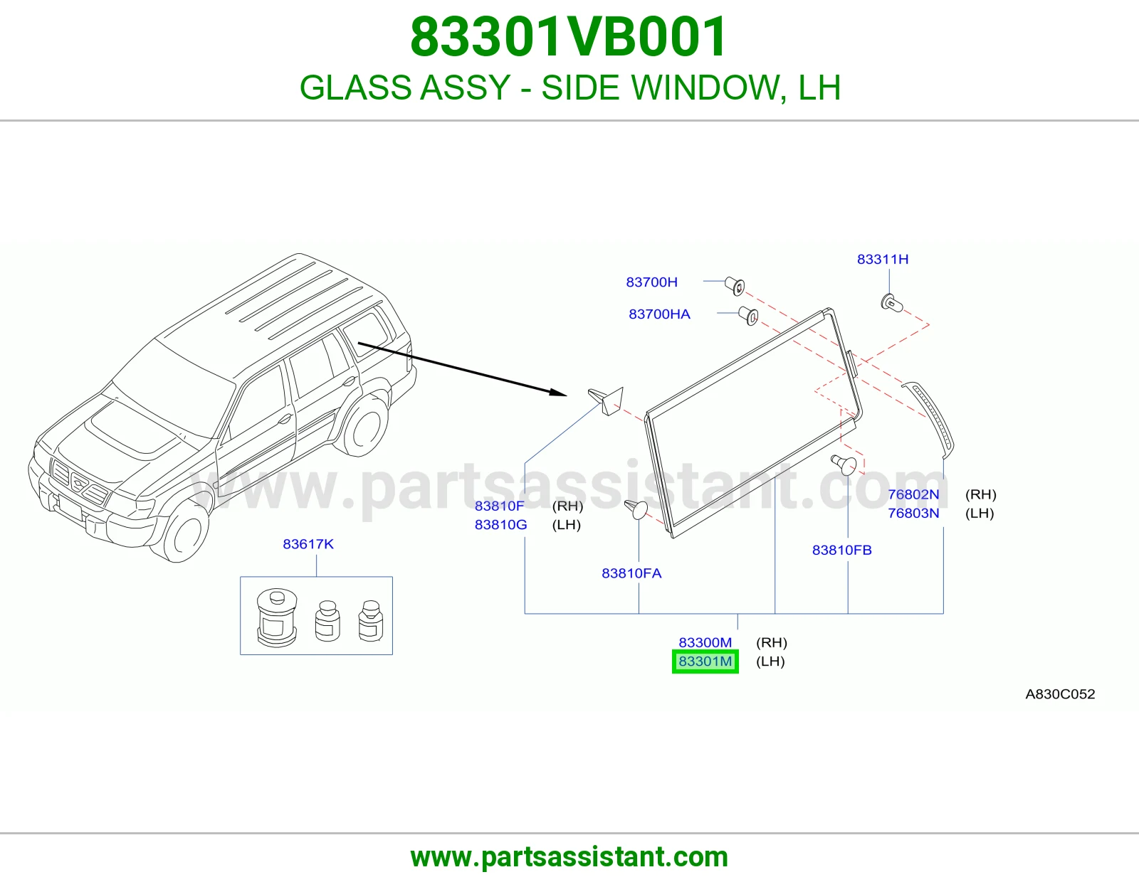 GLASS ASSY - SIDE WINDOW, LH 83301VB001