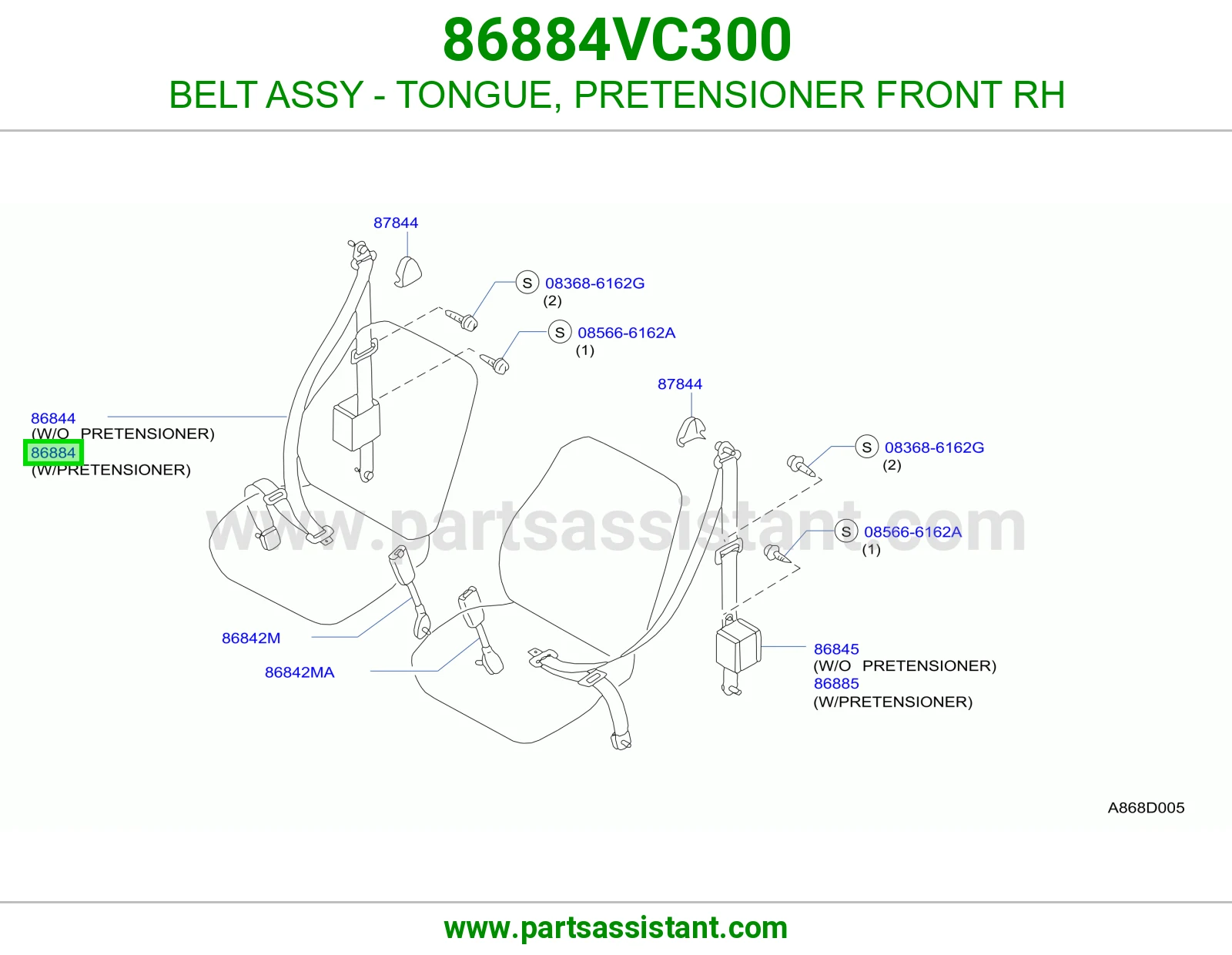 BELT ASSY - TONGUE, PRETENSIONER FRONT RH 86884VC300