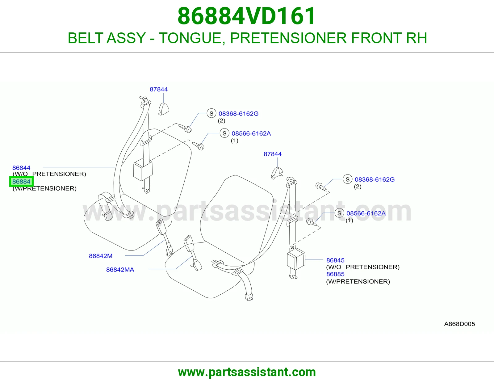 BELT ASSY - TONGUE, PRETENSIONER FRONT RH 86884VD161