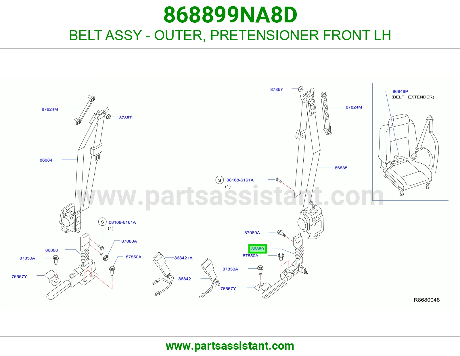 BELT ASSY - OUTER, PRETENSIONER FRONT LH 868899NA8D