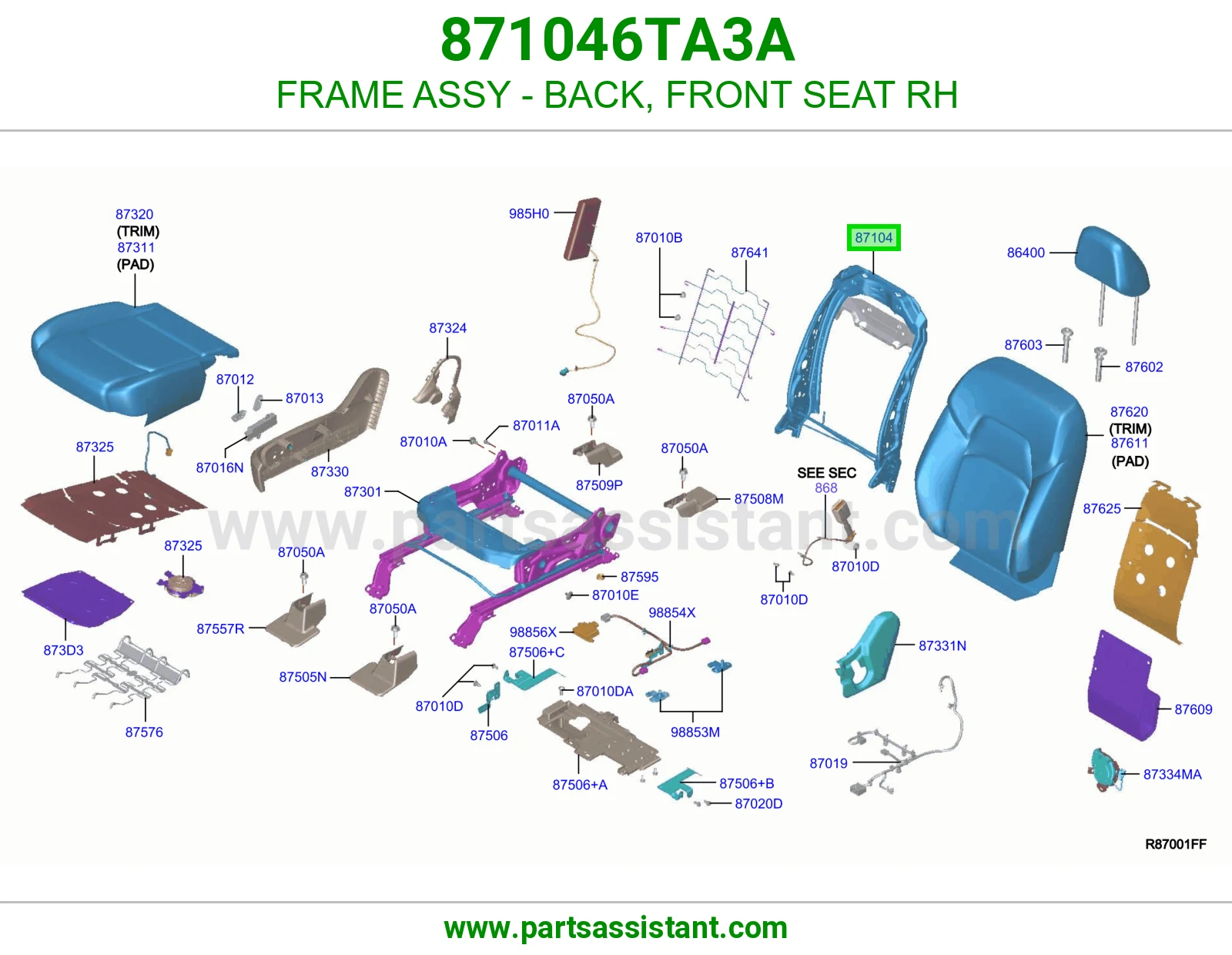 هيكل ظهر مرتبة أمامي يمين كامل 871046TA3A