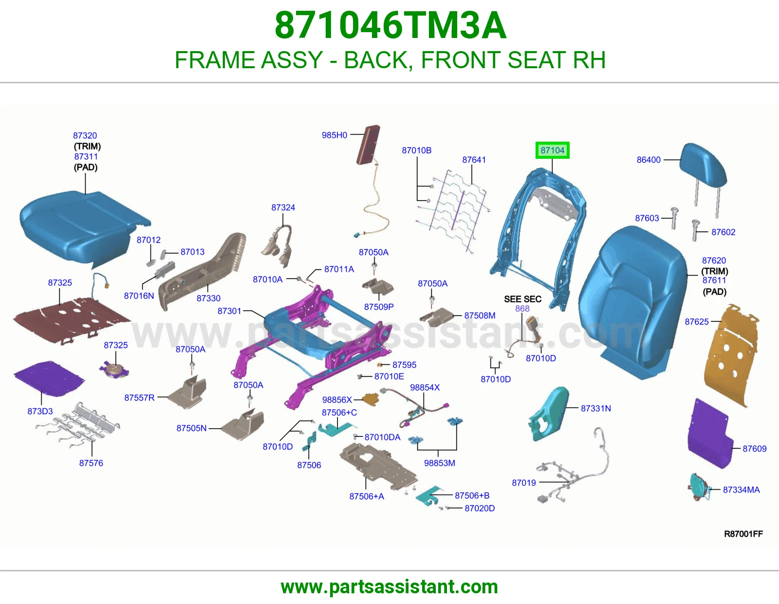 هيكل ظهر مرتبة أمامي يمين كامل 871046TM3A