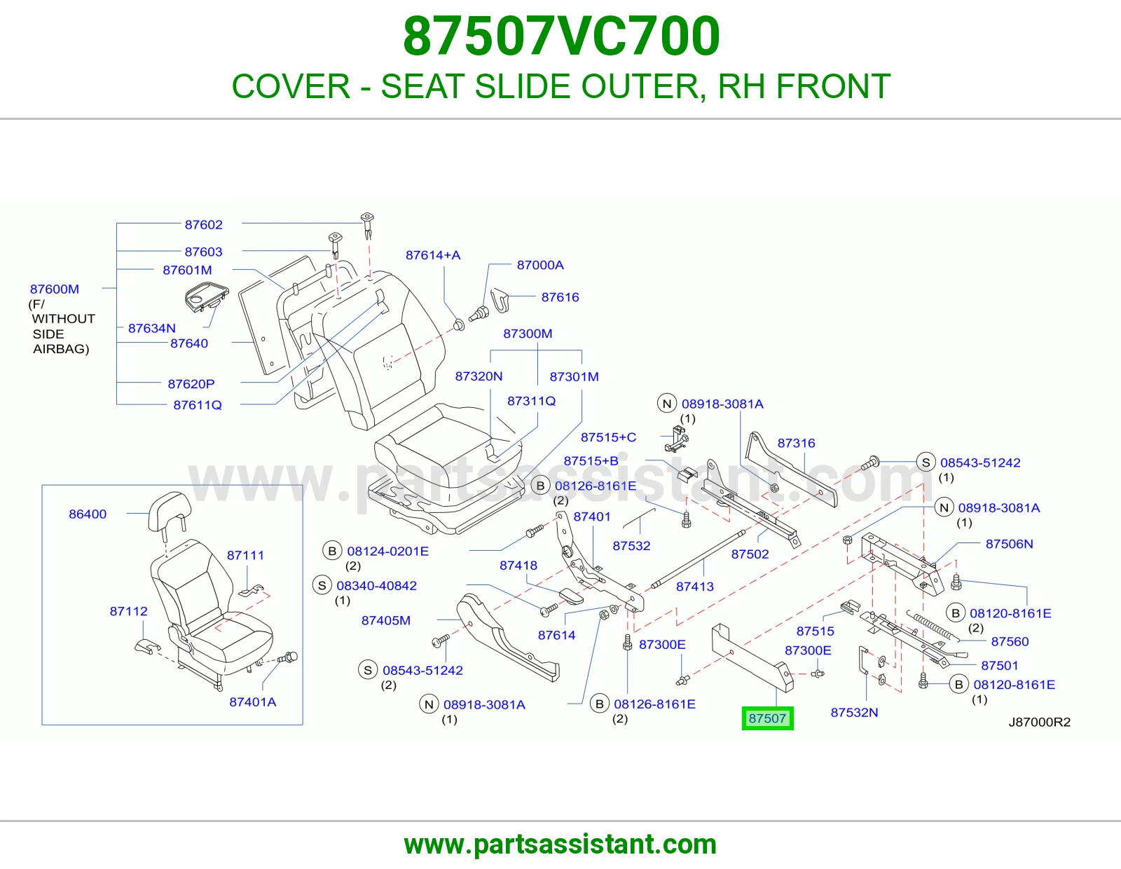 COVER - SEAT SLIDE OUTER, RH FRONT 87507VC700