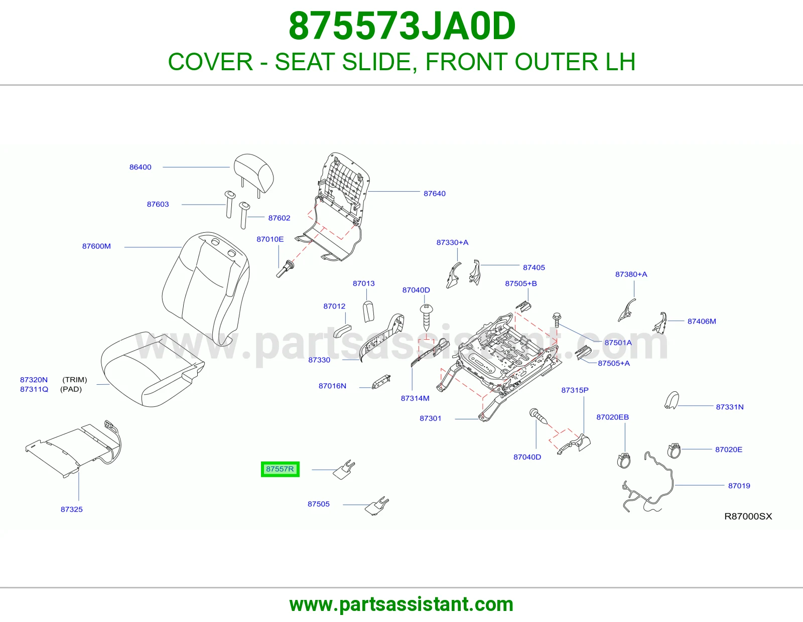 غطاء سكة مرتبة أمامي خارجي يسار 875573JA0D