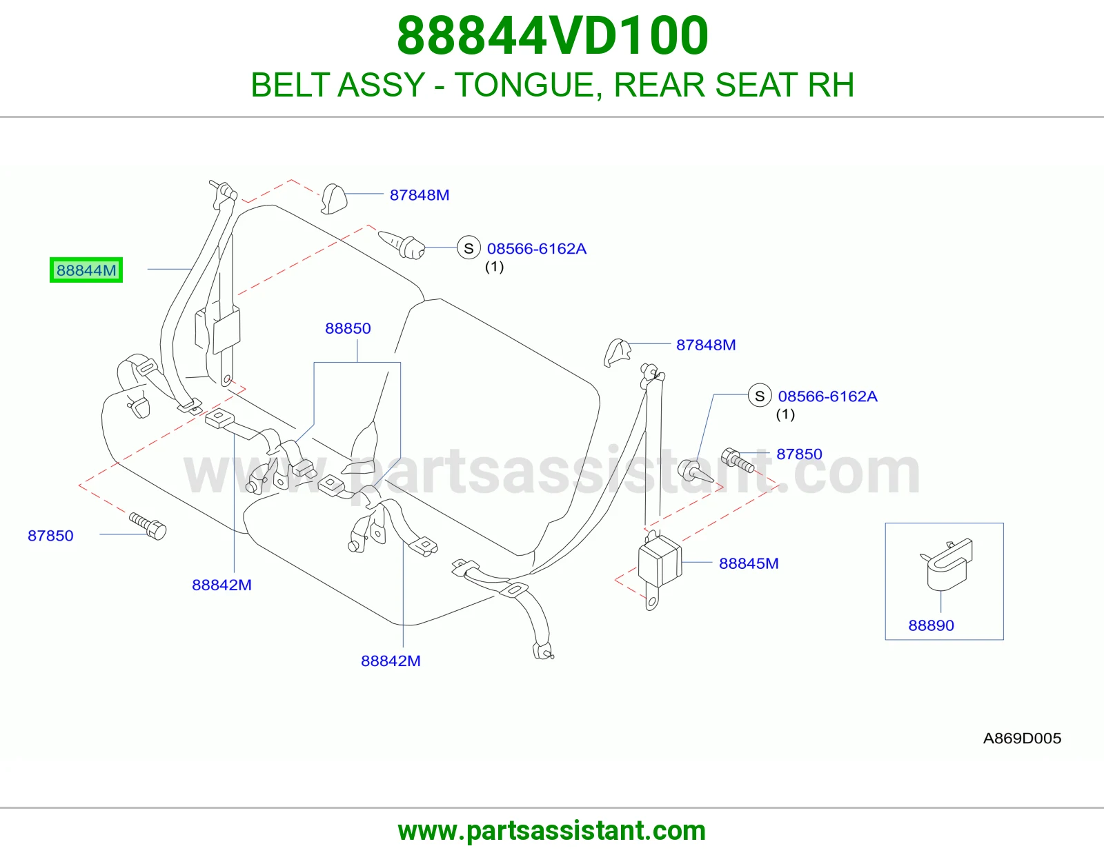BELT ASSY - TONGUE, REAR SEAT RH 88844VD100