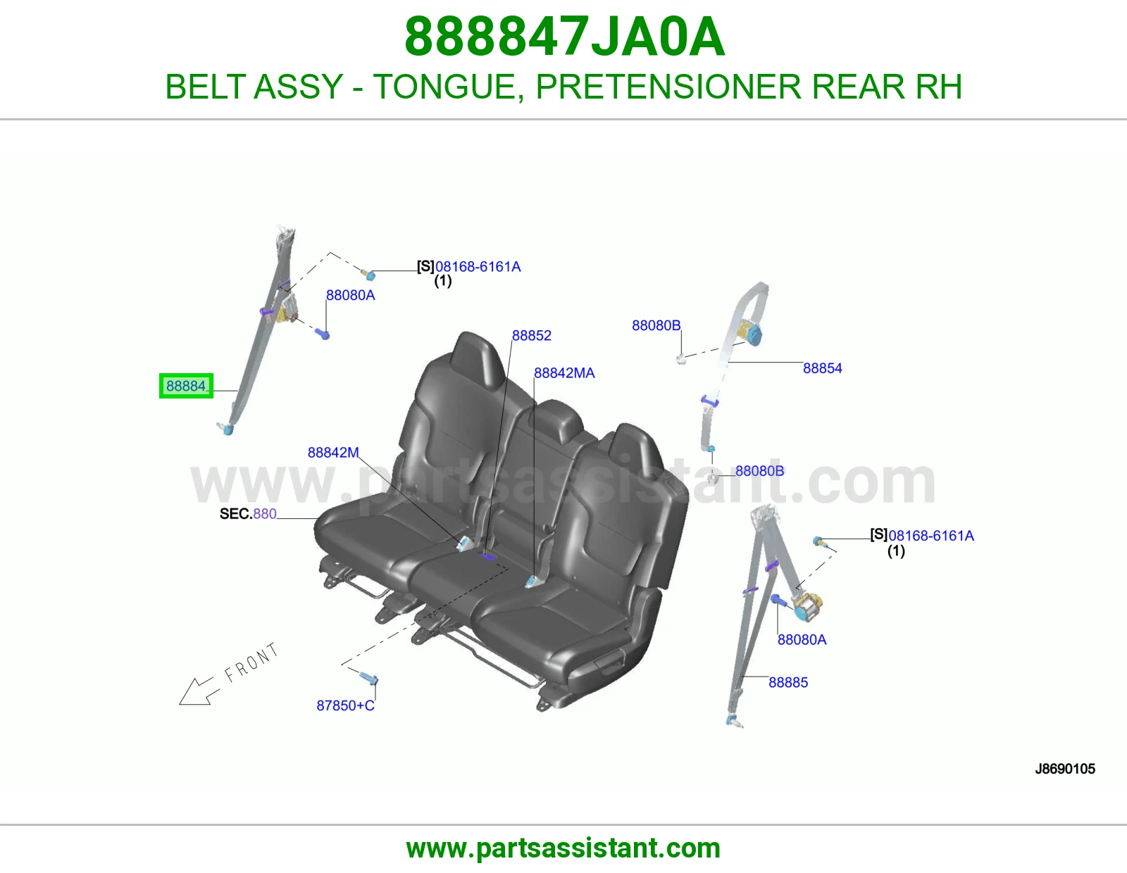 حزام لسان حزام شداد حزام أمان خلفي يمين كامل 888847JA0A
