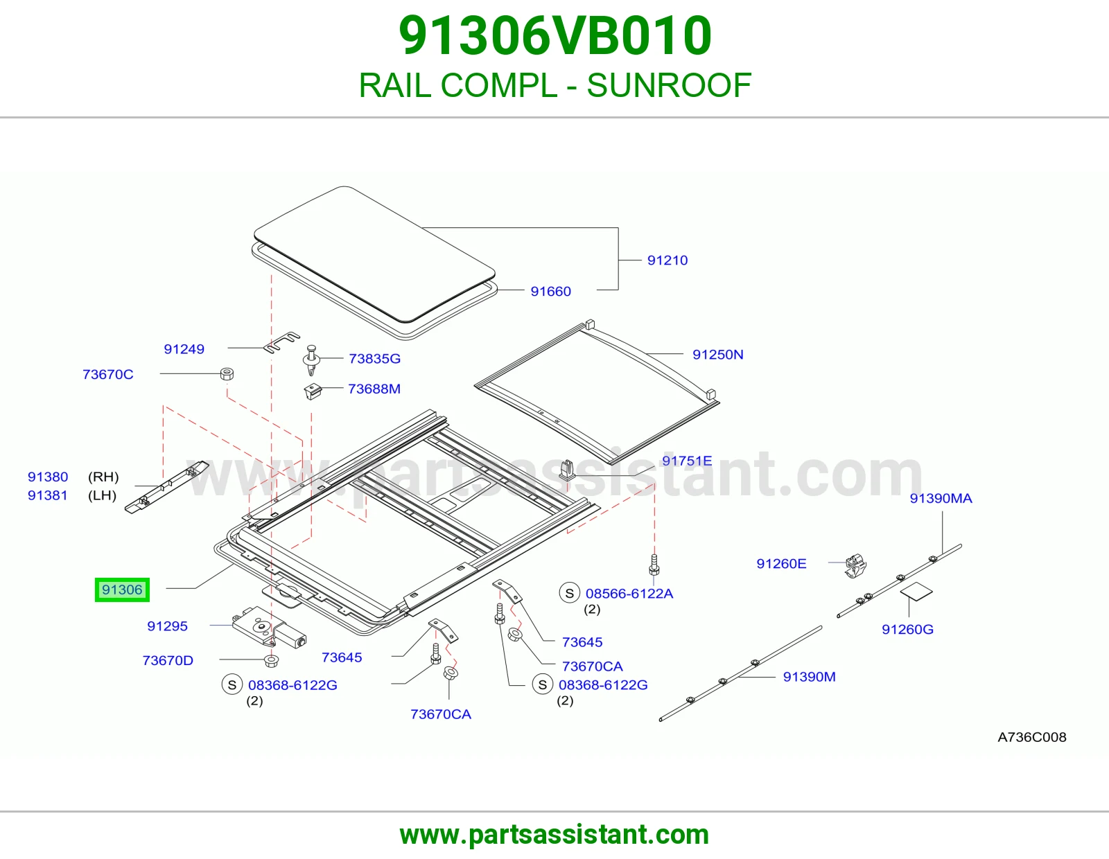 RAIL COMPL - SUNROOF 91306VB010