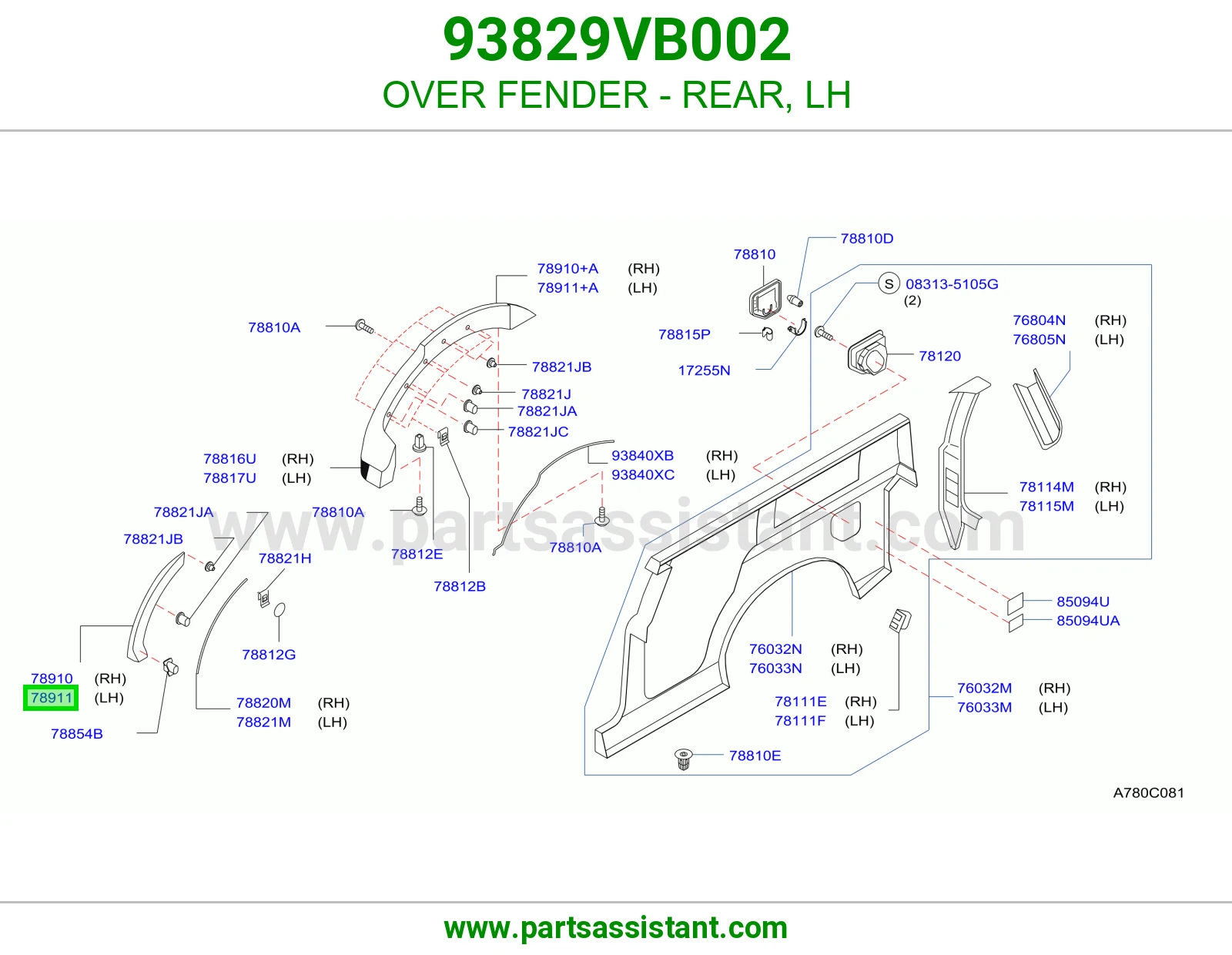 OVER FENDER - REAR, LH 93829VB002