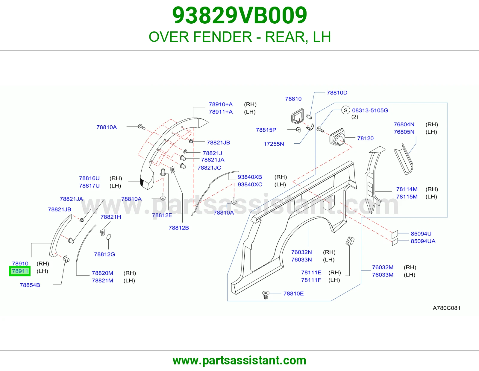 OVER FENDER - REAR, LH 93829VB009