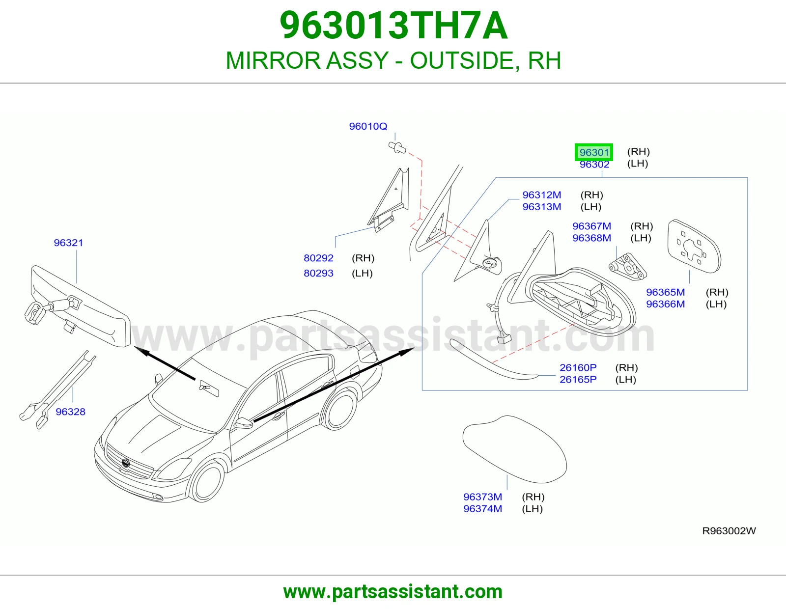 MIRROR ASSY - OUTSIDE, RH 963013TH7A